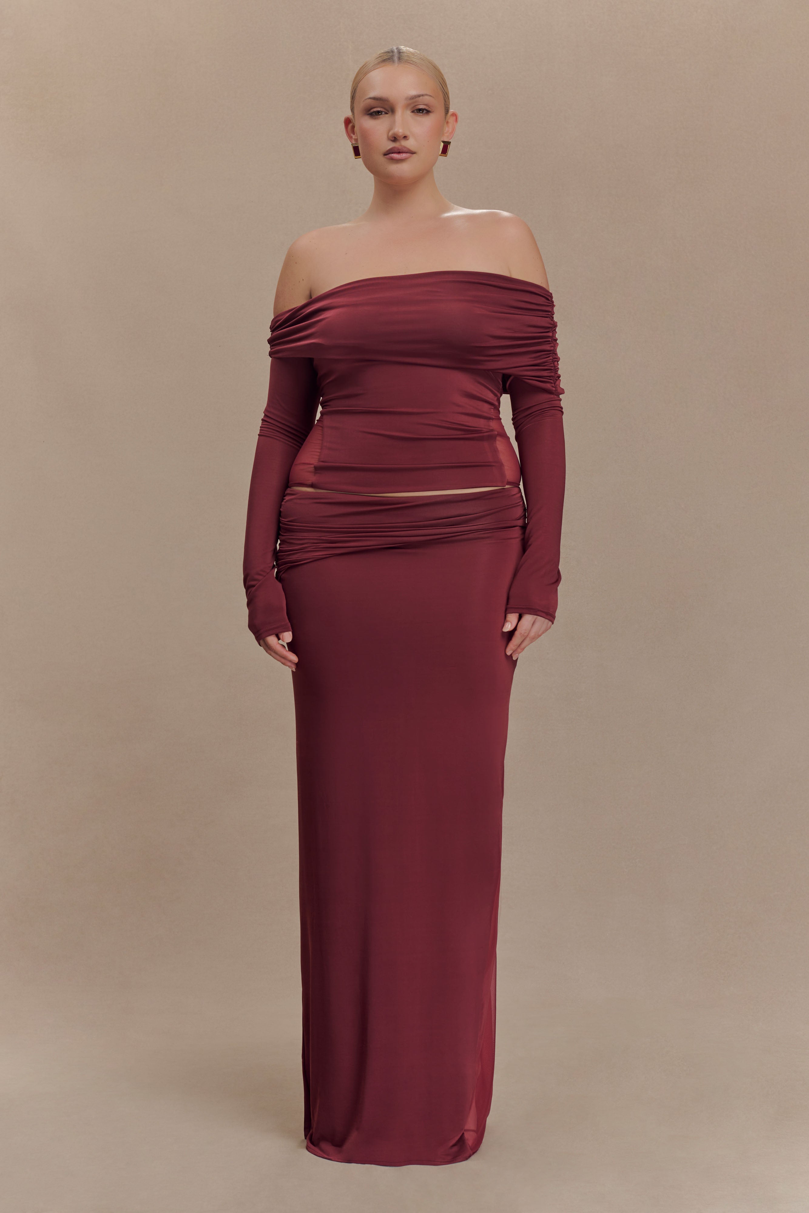 Judy Slinky And Mesh Maxi Skirt - Wine - Image 5
