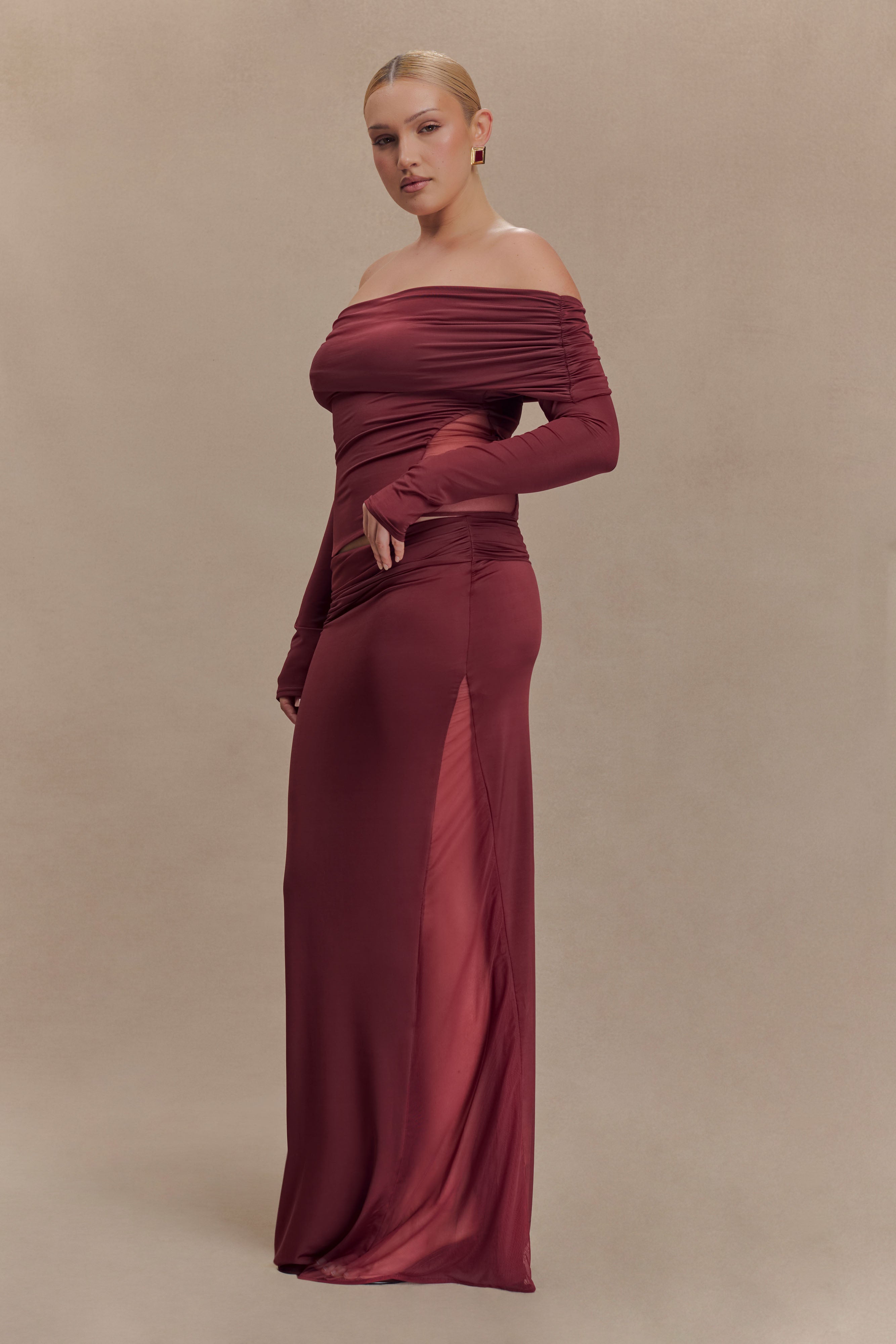 Judy Slinky And Mesh Maxi Skirt - Wine - Image 8