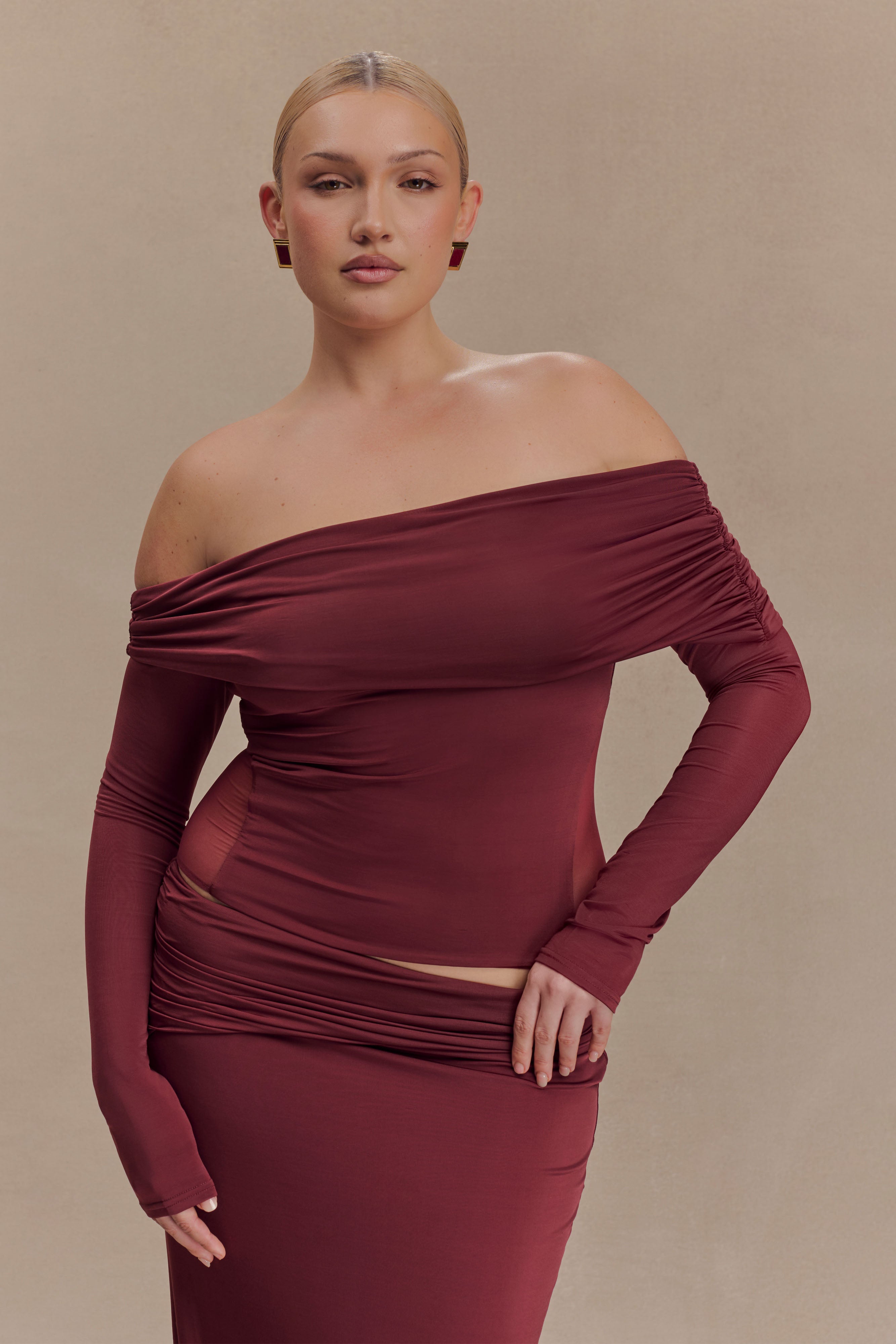 Judy Slinky And Mesh Off Shoulder Top - Wine - Image 5