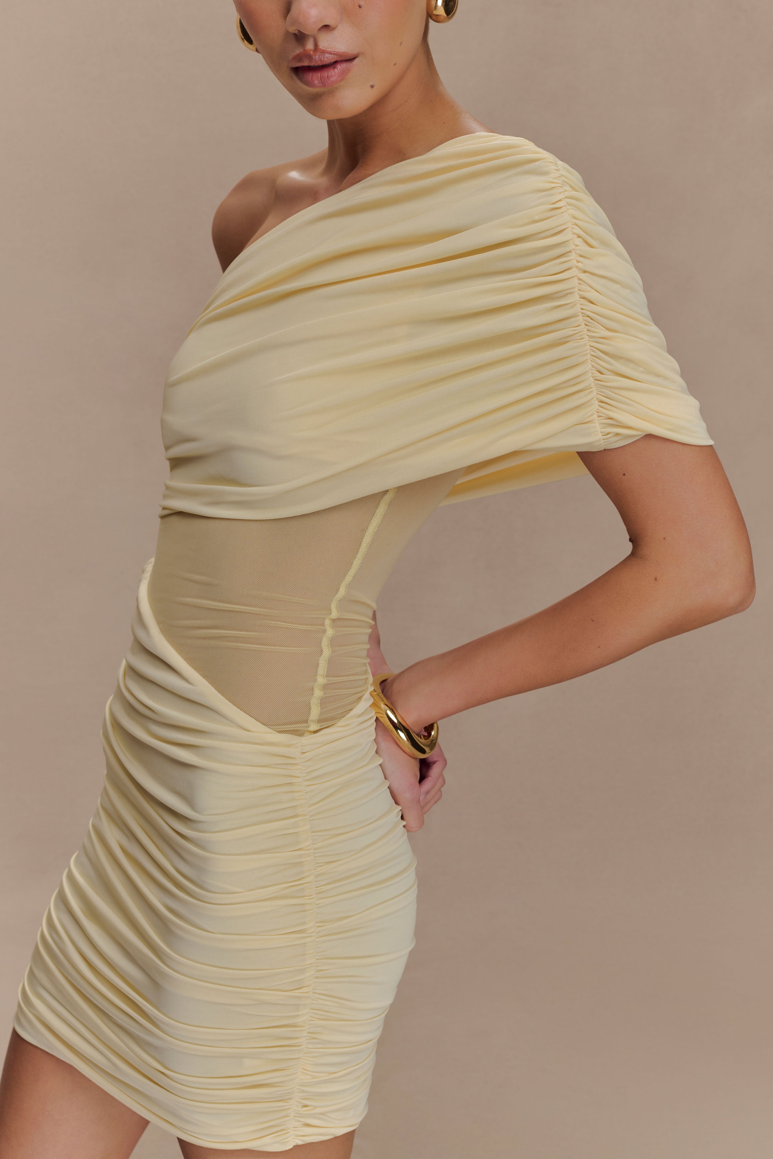 Dallas One Shoulder Mesh Mini Dress - Lemon - Image 5