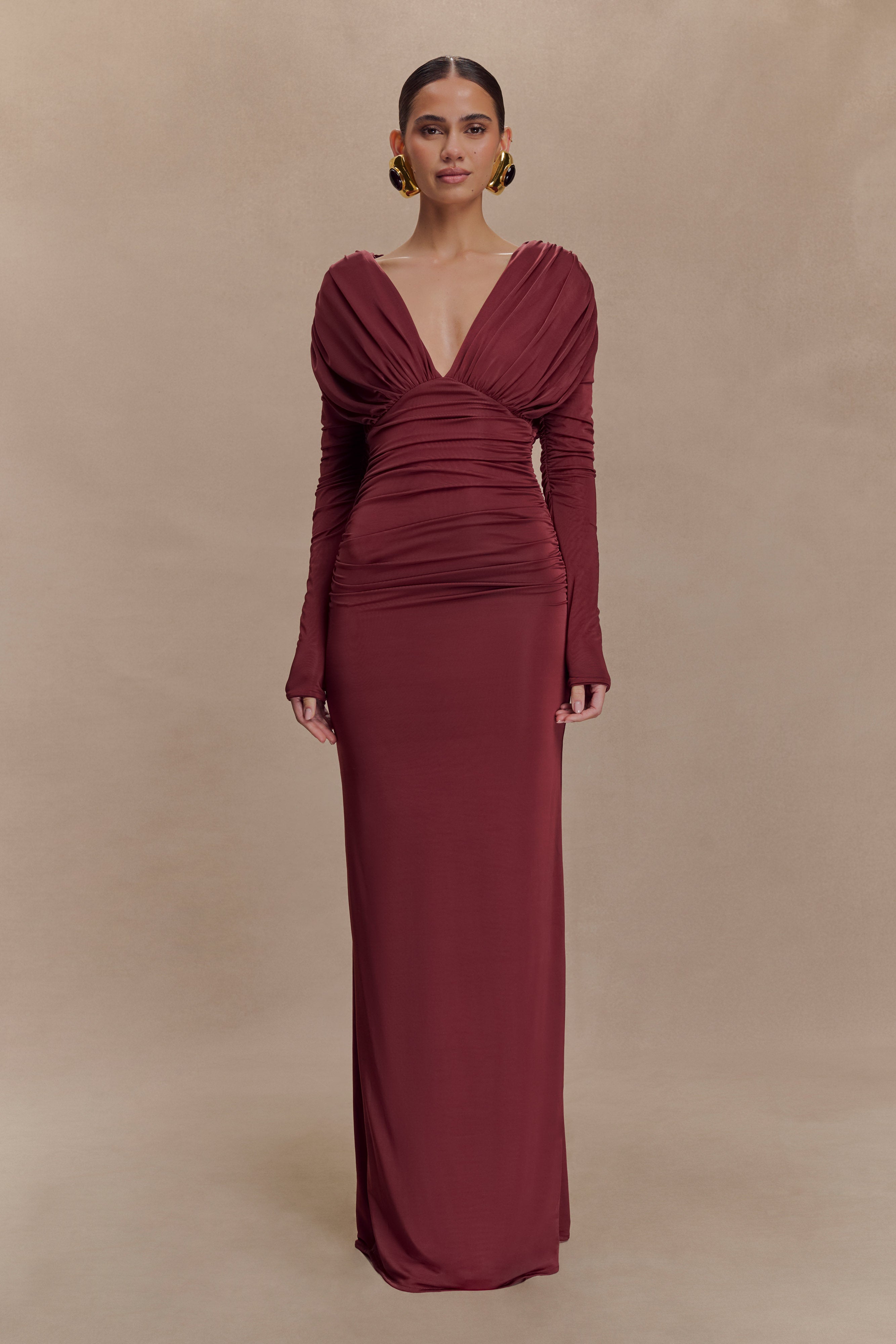 Hayden Long Sleeve Plunge Maxi Dress - Wine - Image 2