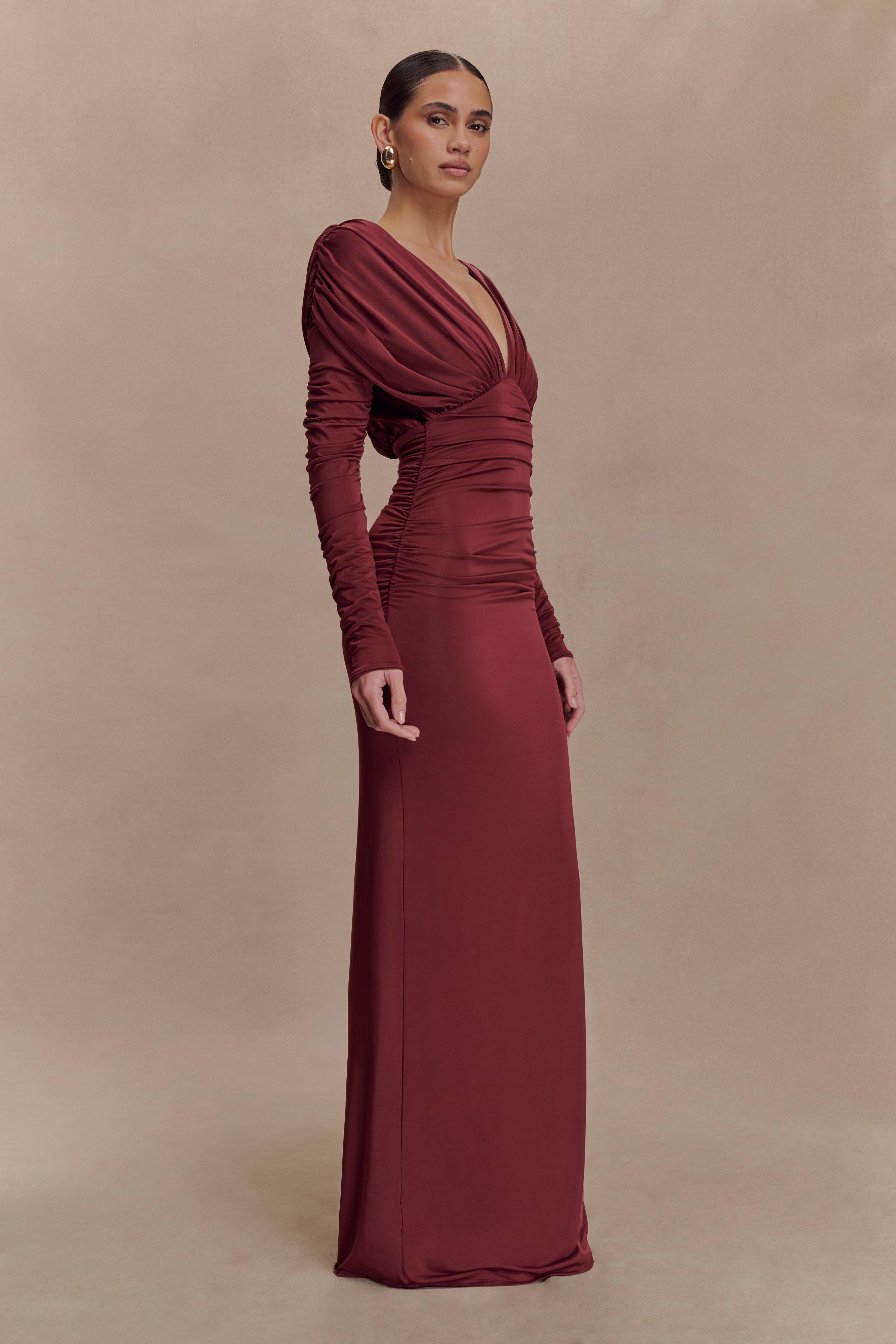 Hayden Long Sleeve Plunge Maxi Dress - Wine - Image 4