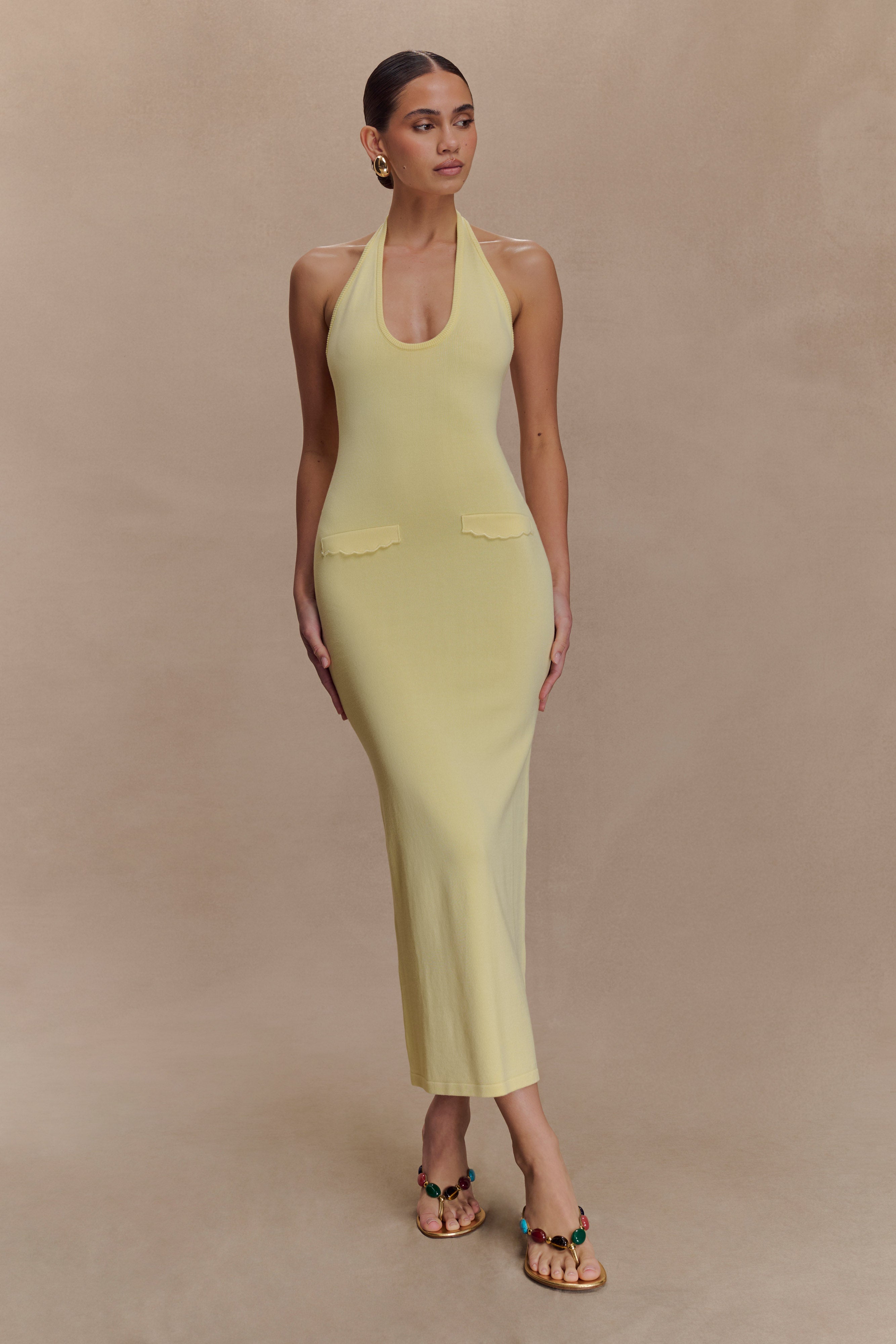 Ovina Halter Neck Knit Midi Dress - Lemon - Image 5