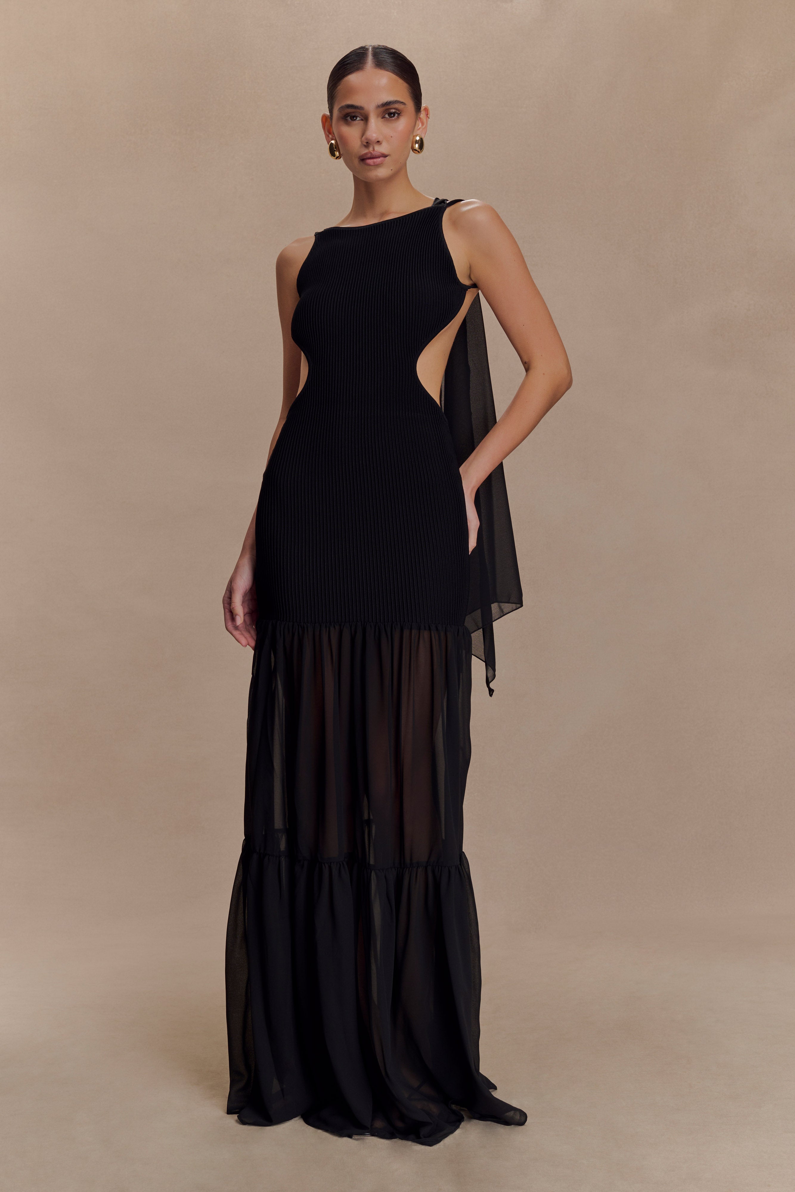 Haille Knit Chiffon Maxi Dress - Black - Image 3