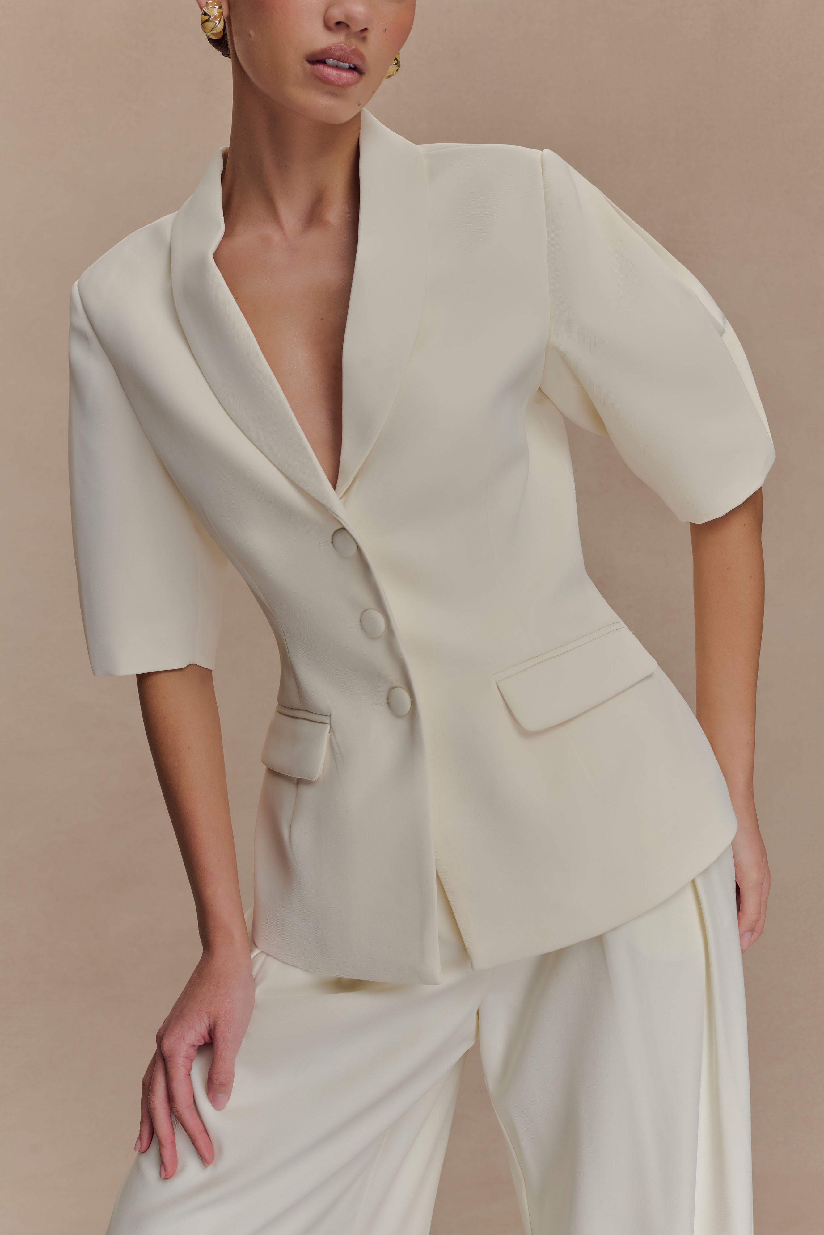 Opal Puff Sleeve Suiting Top - Ivory - Image 3