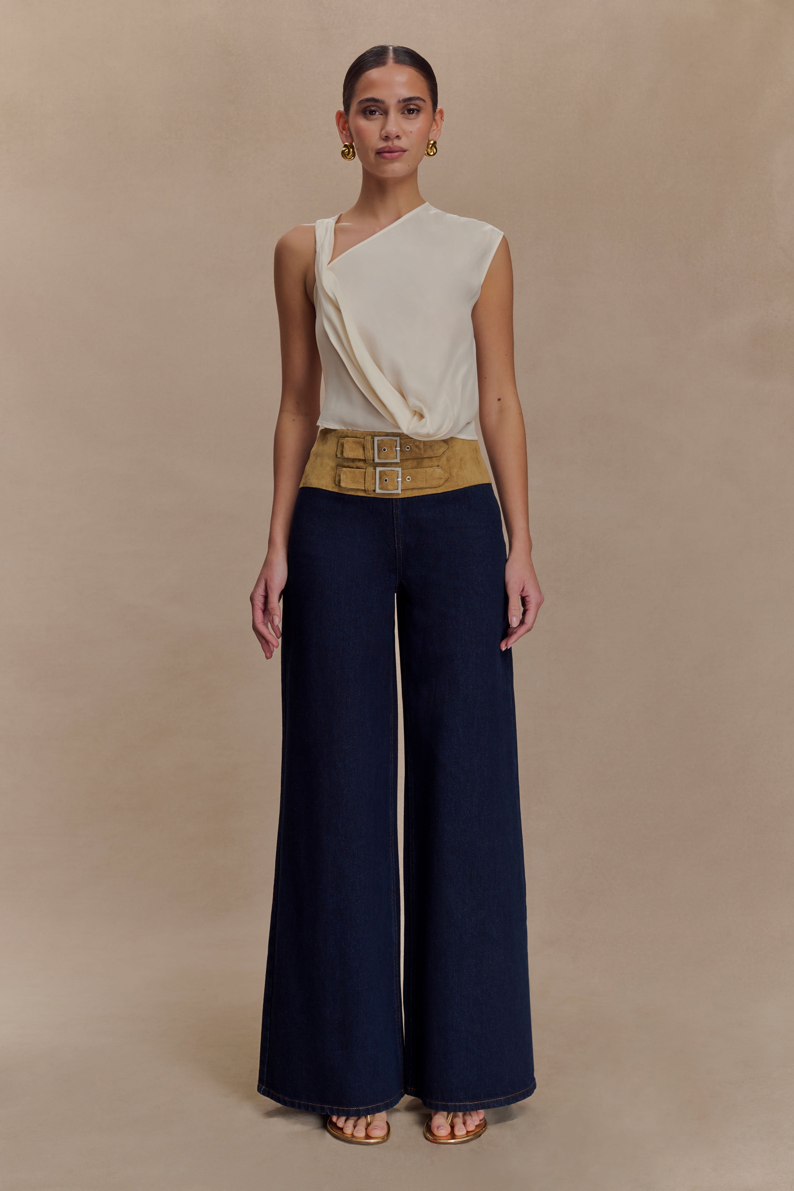Miranda Faux Suede Belted Denim Wide Leg Jeans - Indigo Blue - Image 6