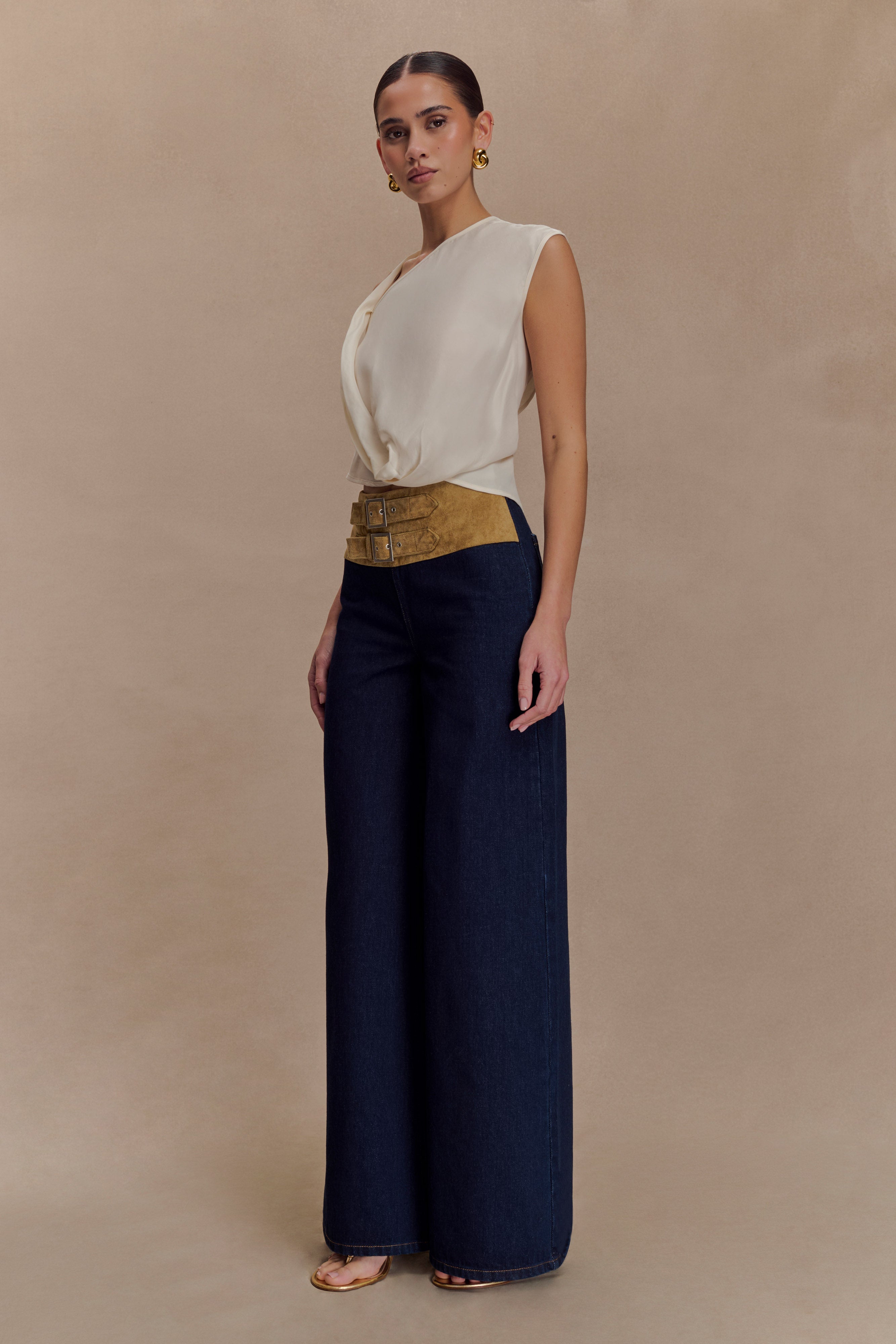 Miranda Faux Suede Belted Denim Wide Leg Jeans - Indigo Blue - Image 4