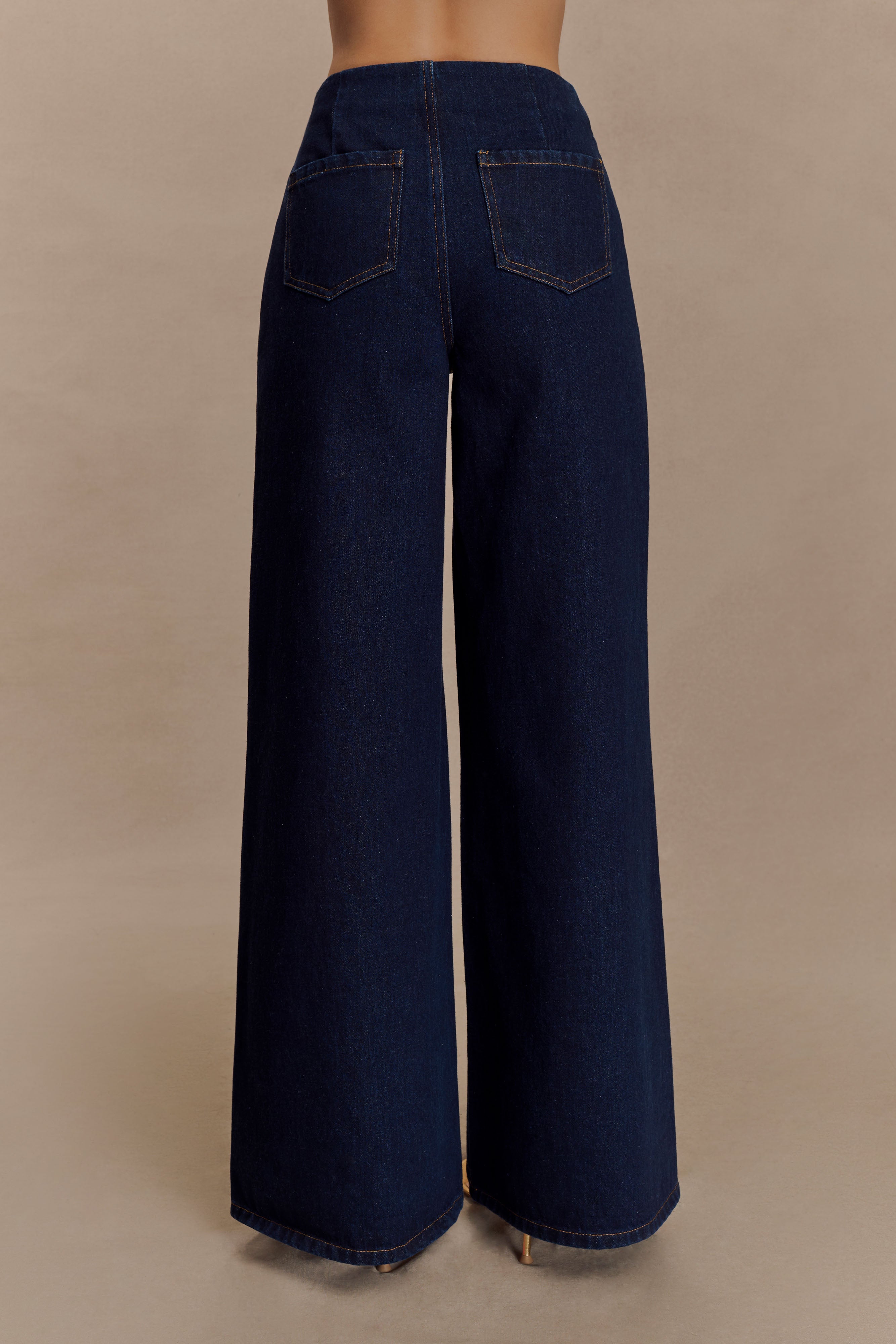 Miranda Faux Suede Belted Denim Wide Leg Jeans - Indigo Blue - Image 2