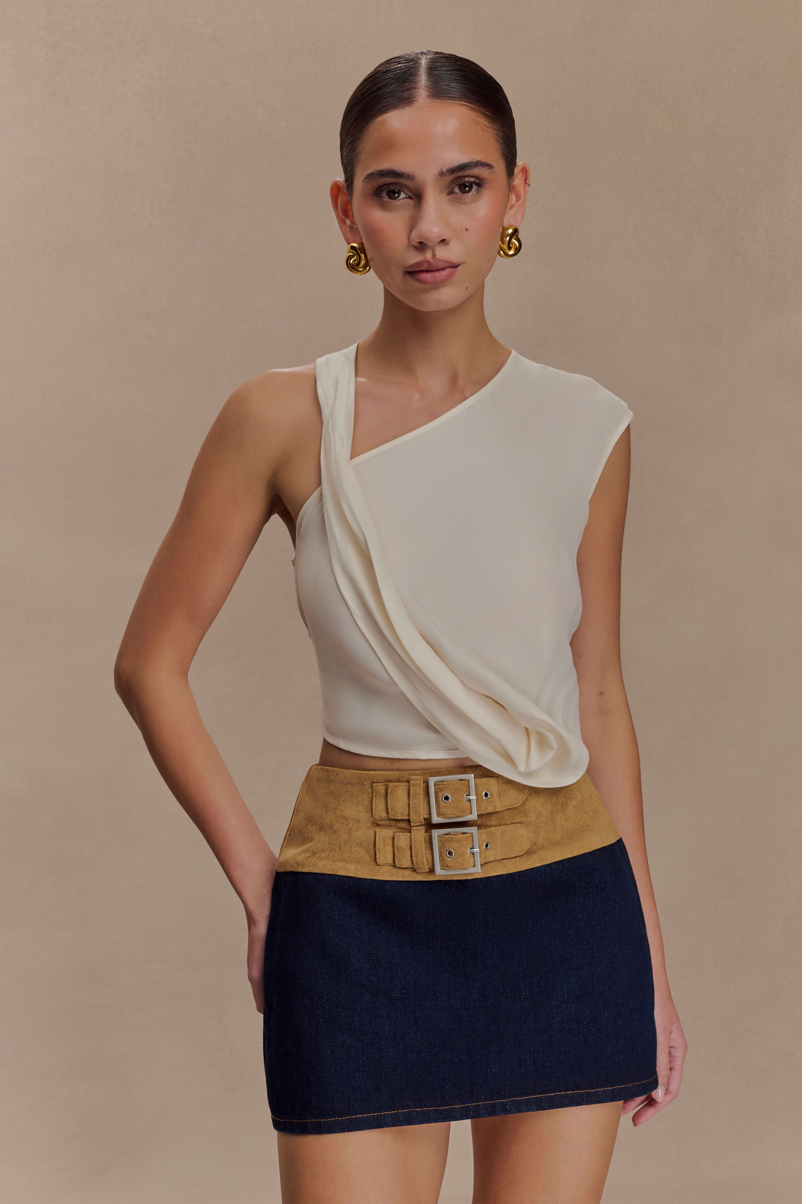 Miranda Faux Suede Belted Denim Mini Skirt - Indigo Blue - Image 5