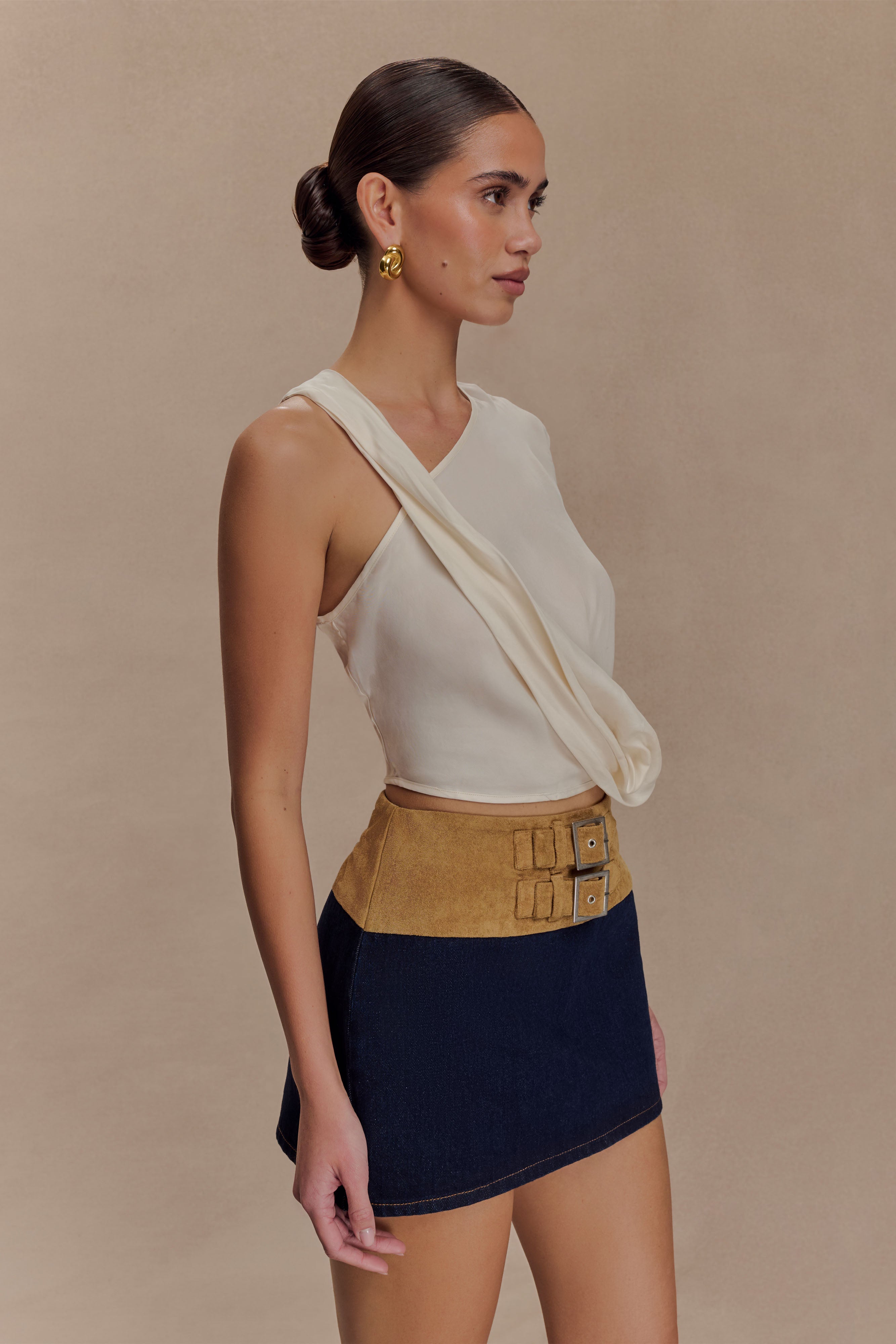 Miranda Faux Suede Belted Denim Mini Skirt - Indigo Blue - Image 4