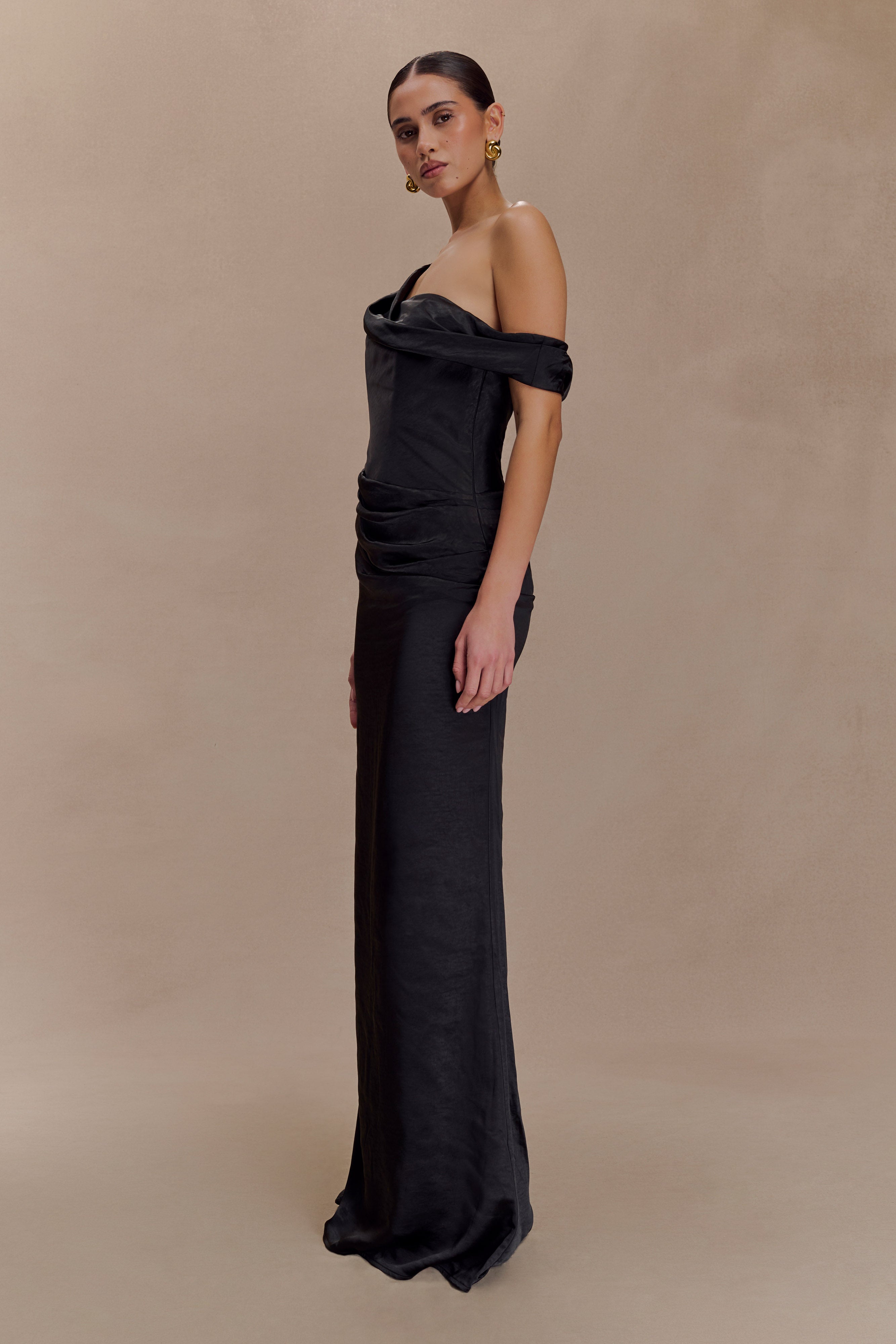 Dalia Off Shoulder Satin Maxi Dress - Black - Image 3