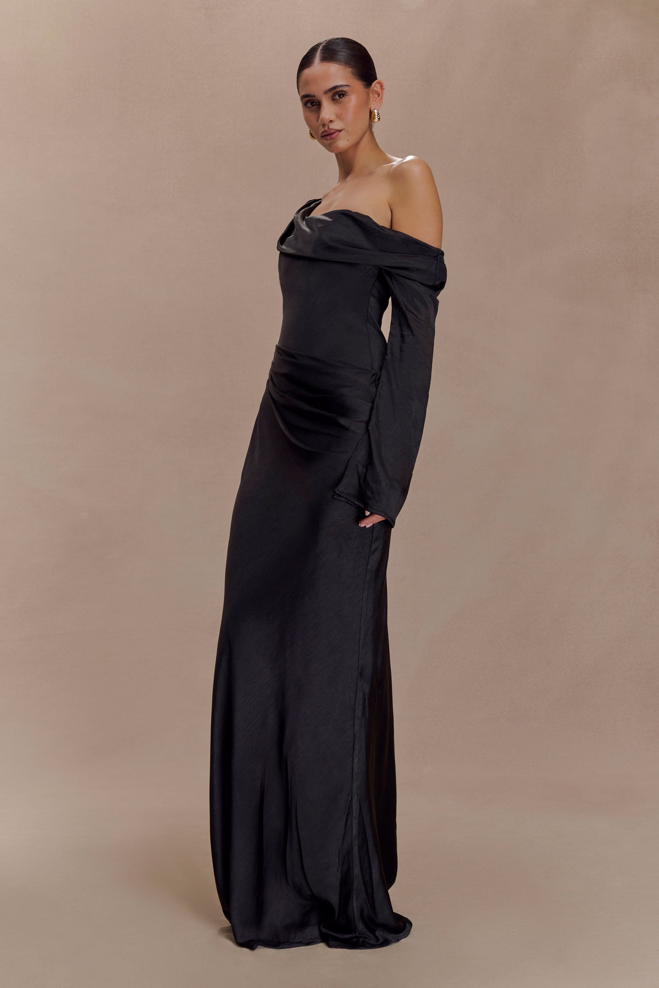 Alternative view of Iris Long Sleeve Satin Maxi Dress - Black