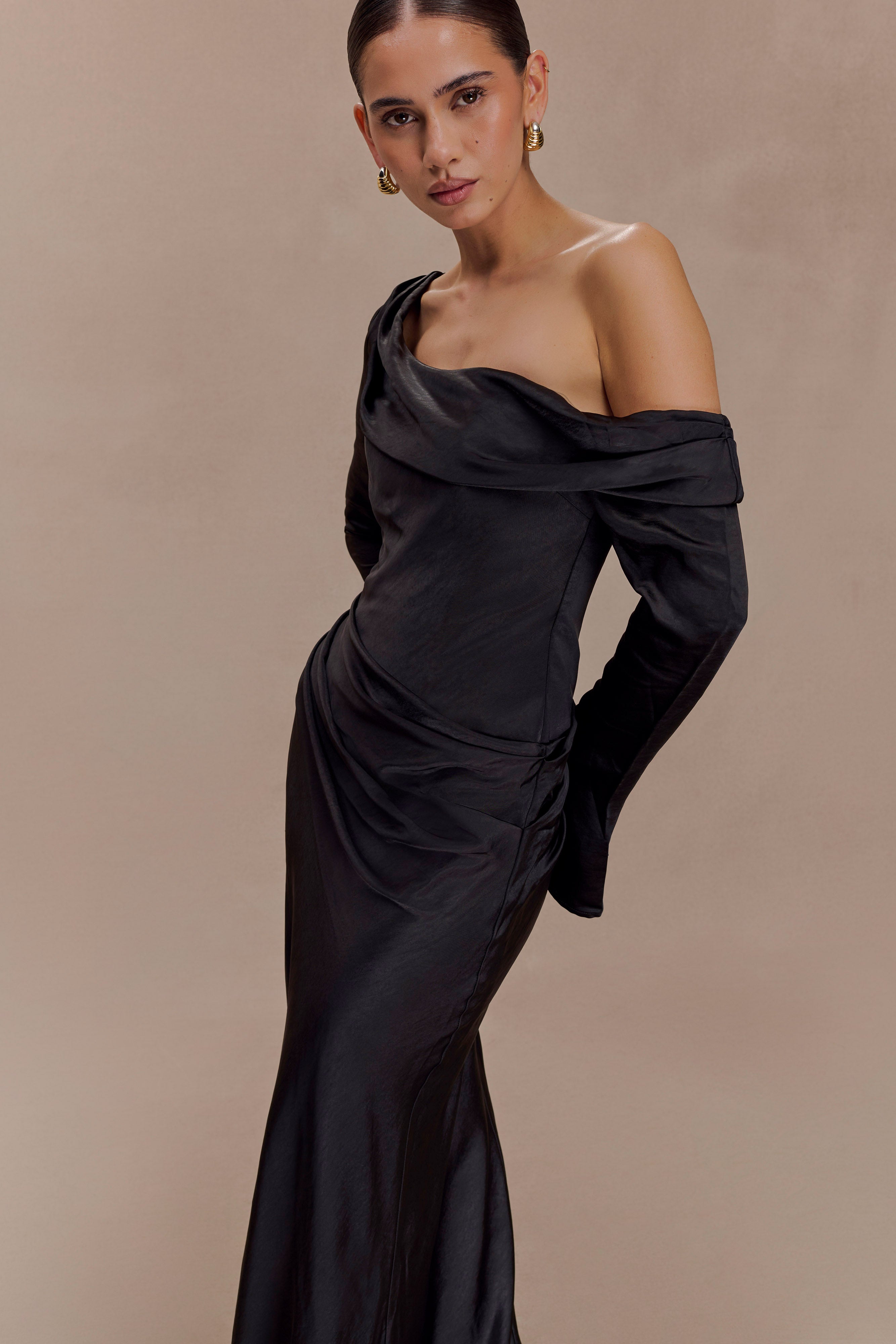 Iris Long Sleeve Satin Maxi Dress - Black - Image 5