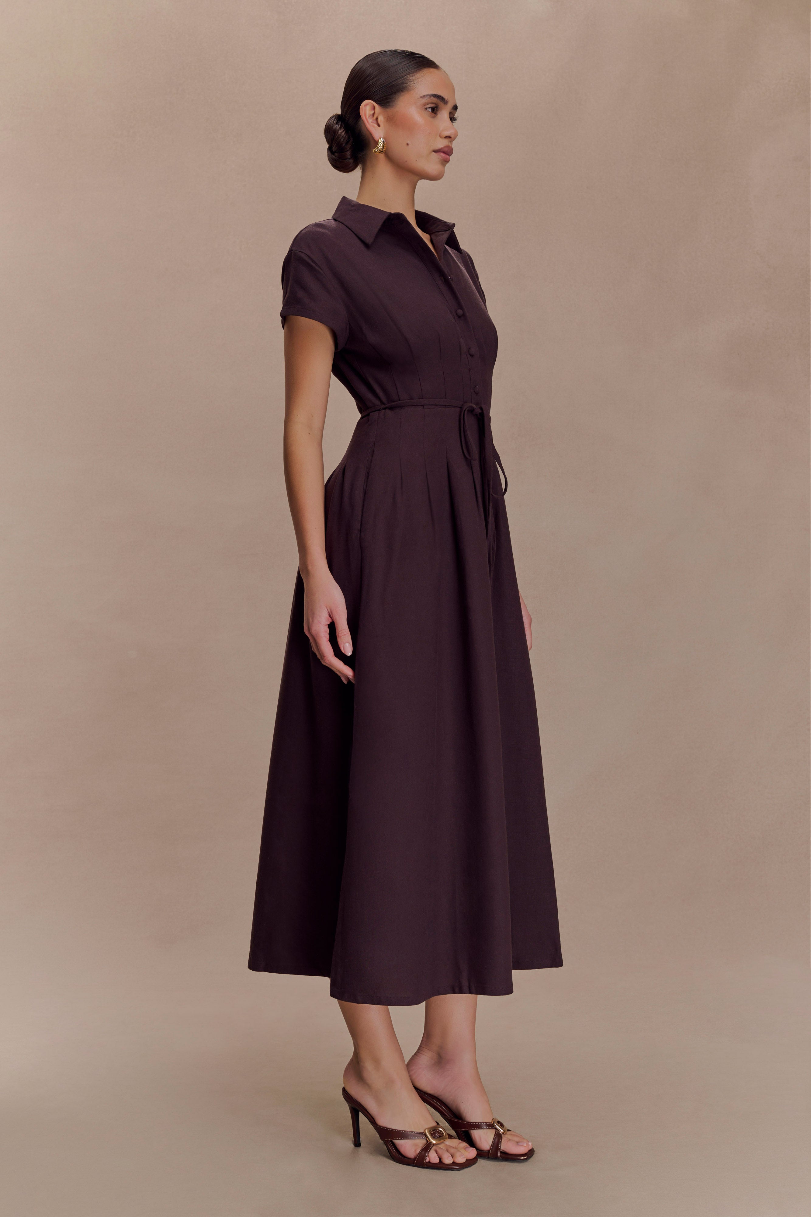 Aysha Buttoned Linen Midi Dress - Chocolate - Image 3