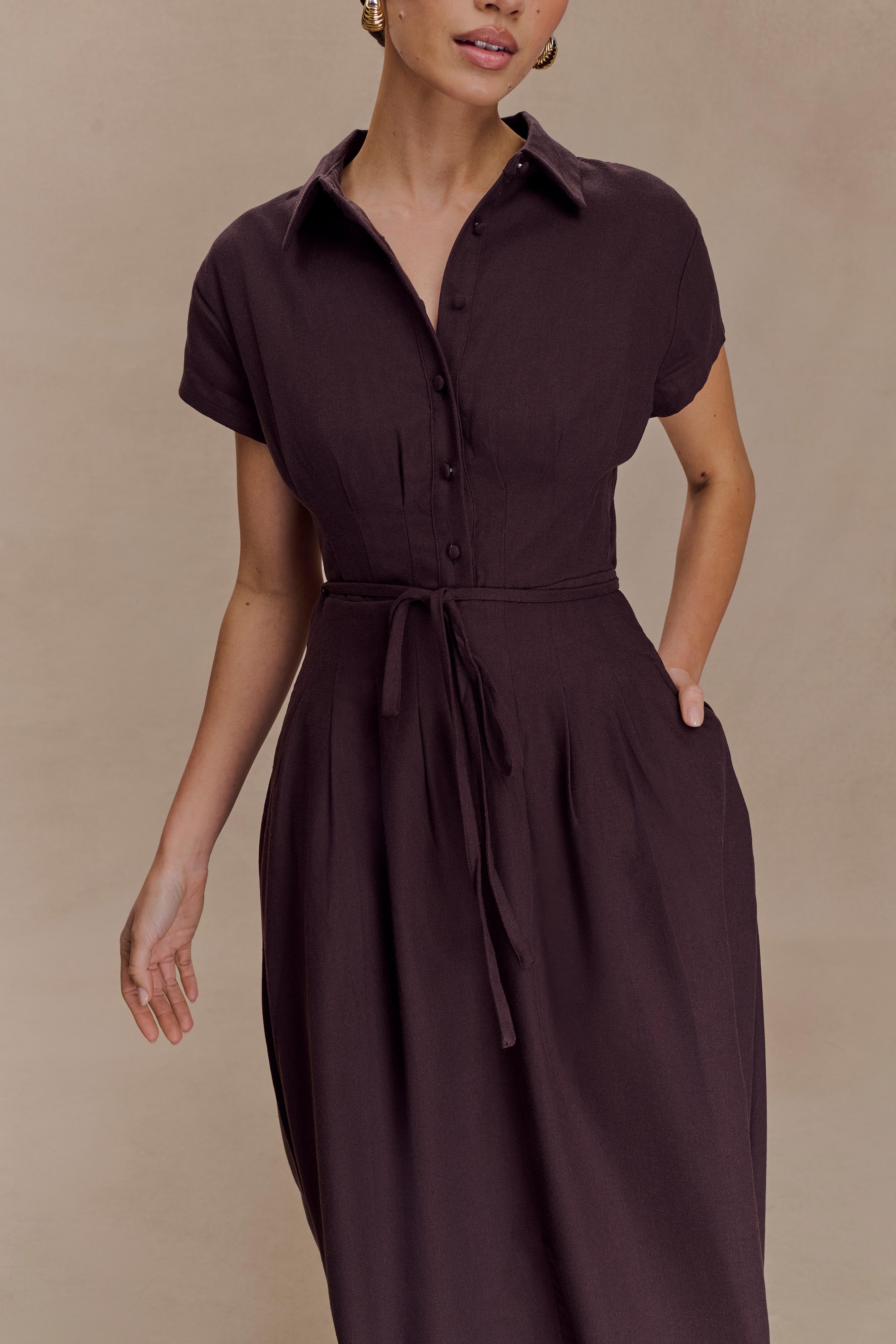 Aysha Buttoned Linen Midi Dress - Chocolate - Image 5