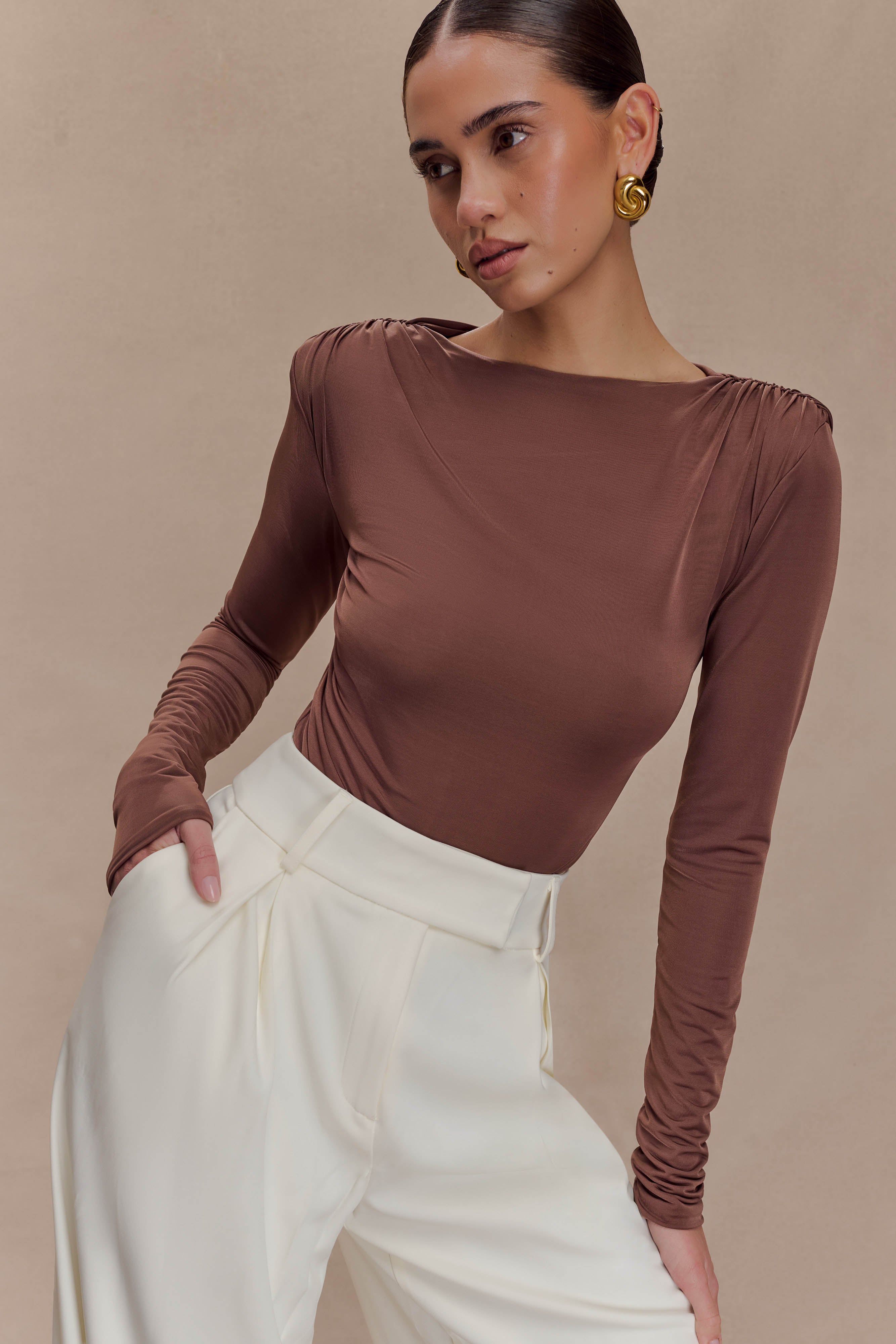 Elsie Shoulder Pad Bodysuit - Chocolate - Image 5