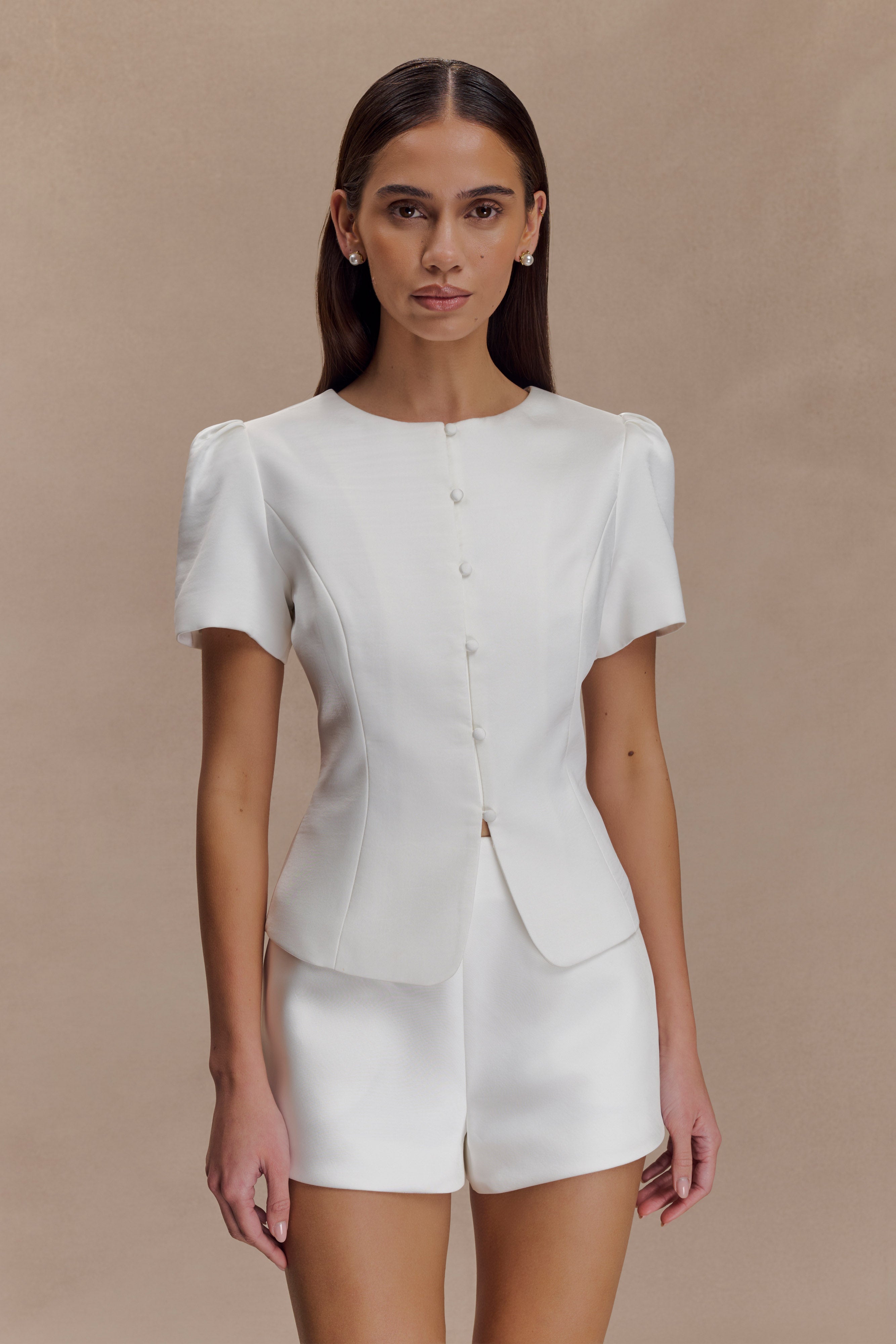 Anne Short Sleeve Satin Top - White - Image 7