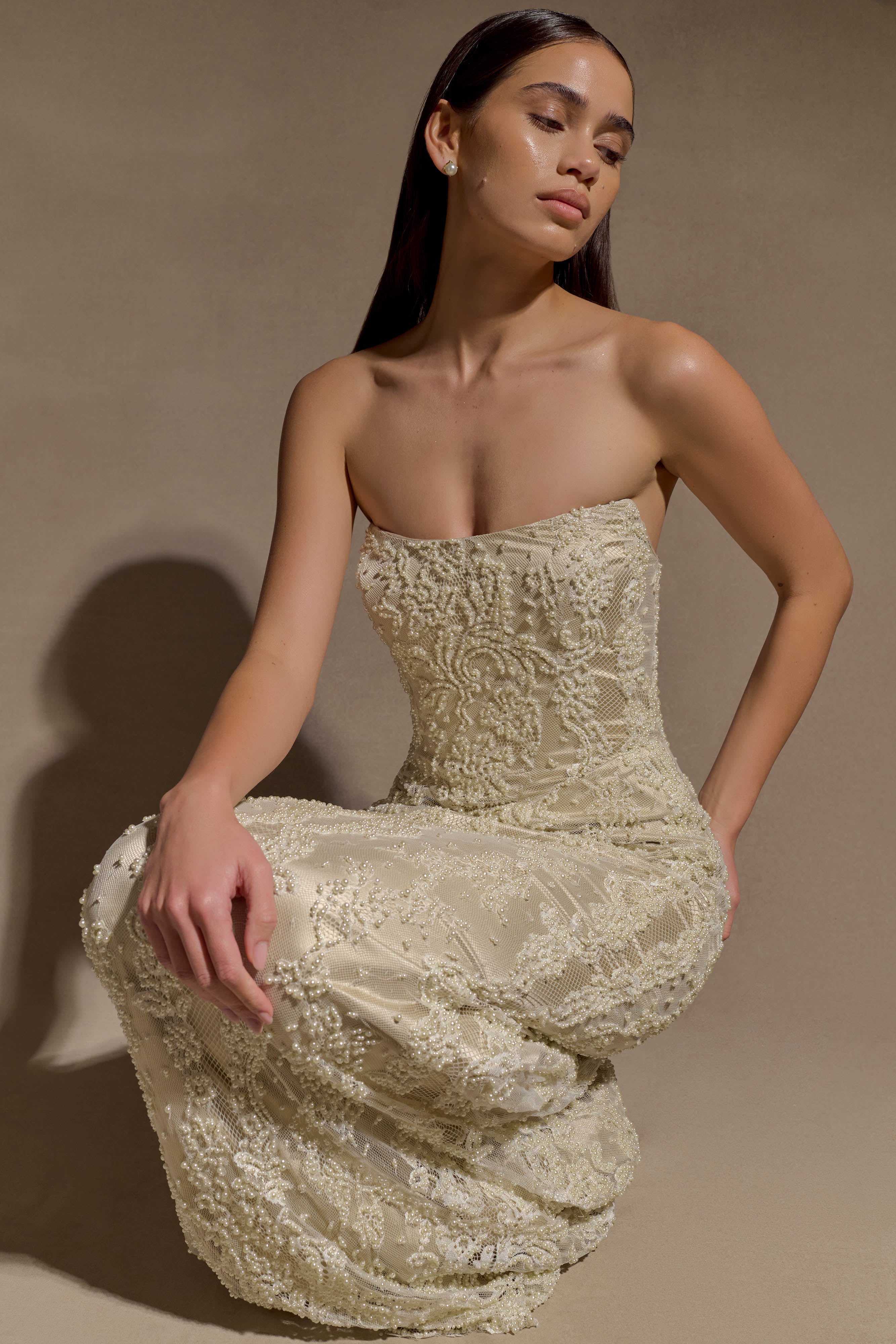 Alternative view of Eva Hand Beaded Pearl & Lace Maxi Dress - White