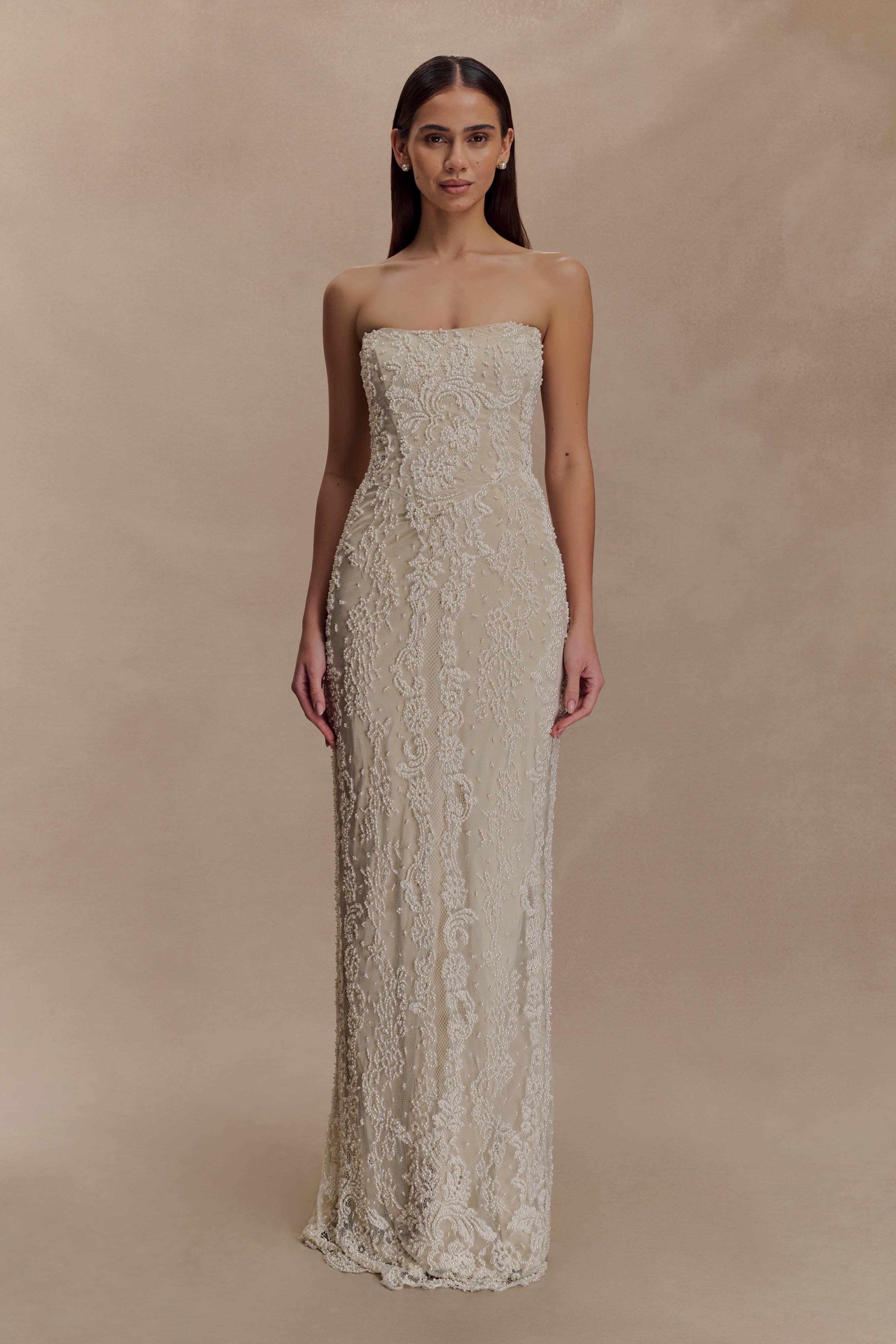 Eva Hand Beaded Pearl & Lace Maxi Dress - White - Image 4