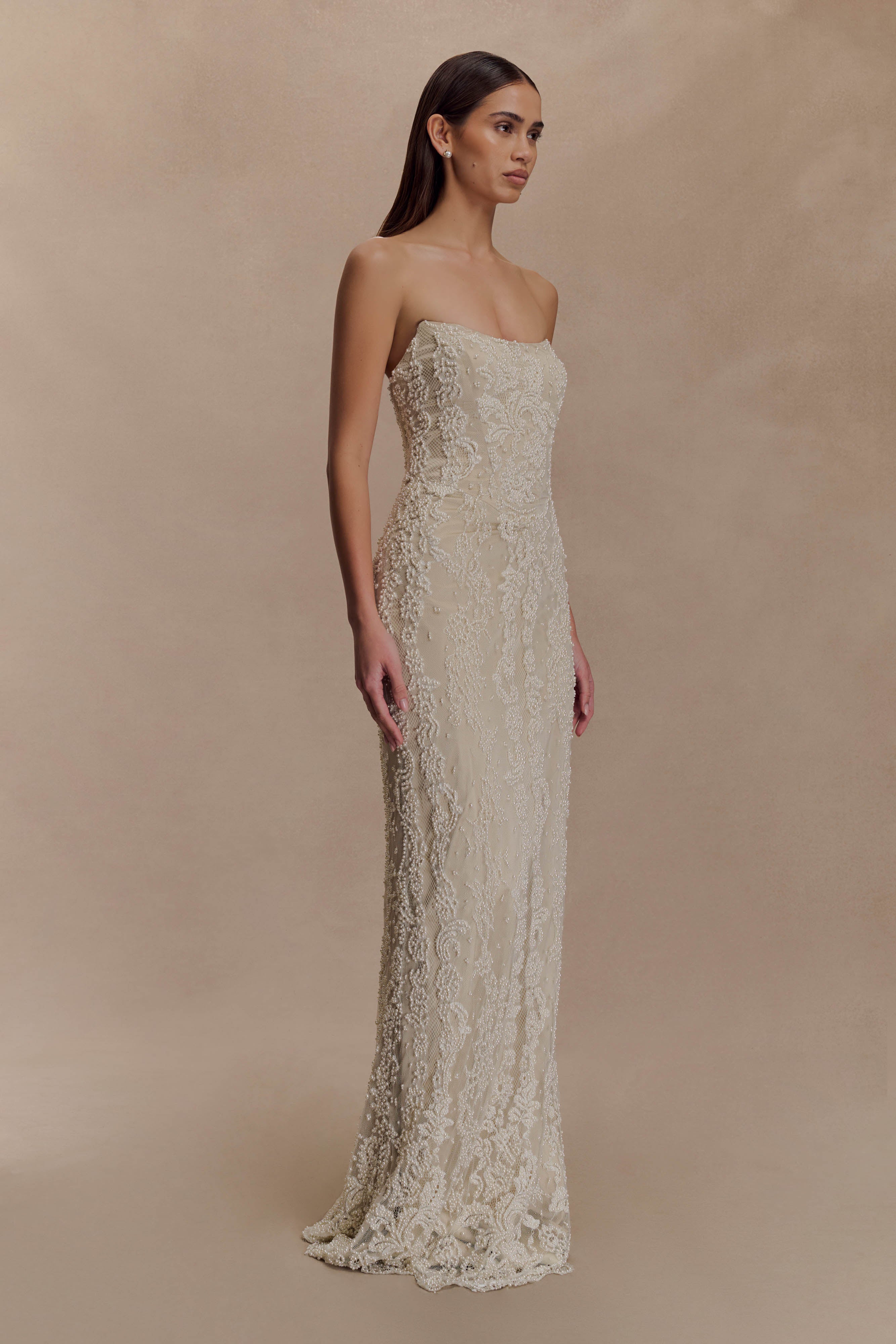 Eva Hand Beaded Pearl & Lace Maxi Dress - White - Image 7