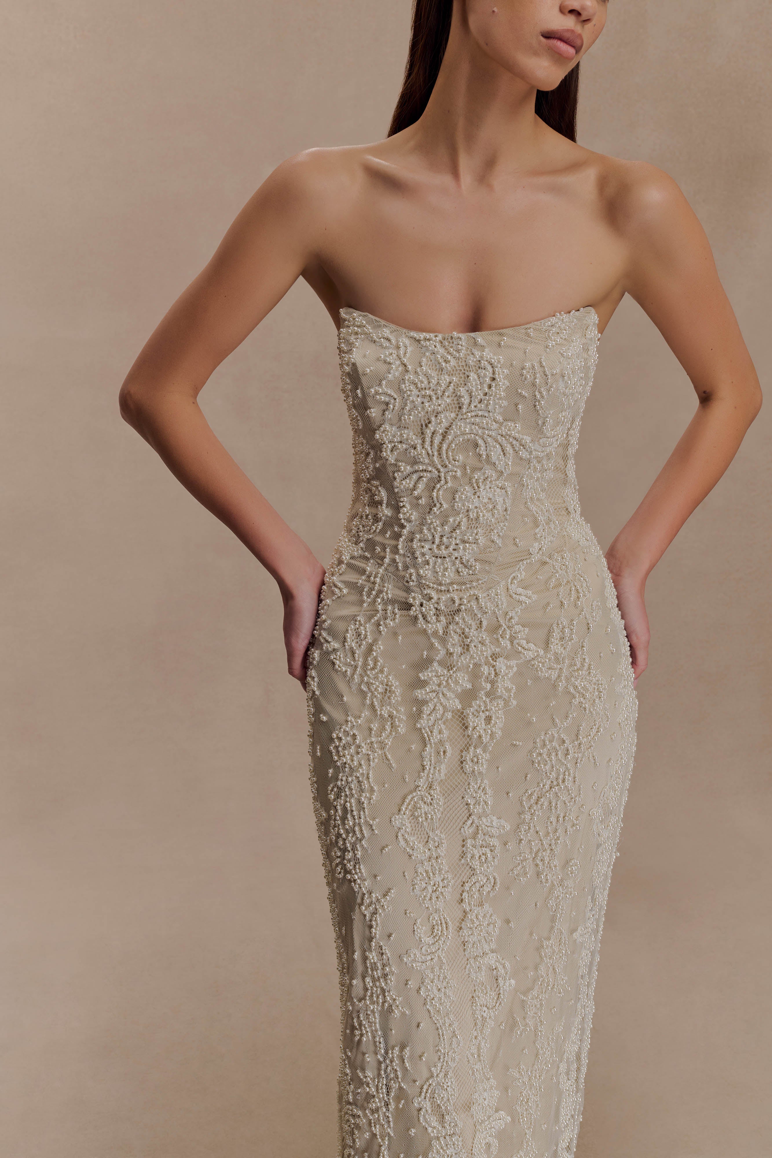 Eva Hand Beaded Pearl & Lace Maxi Dress - White - Image 3