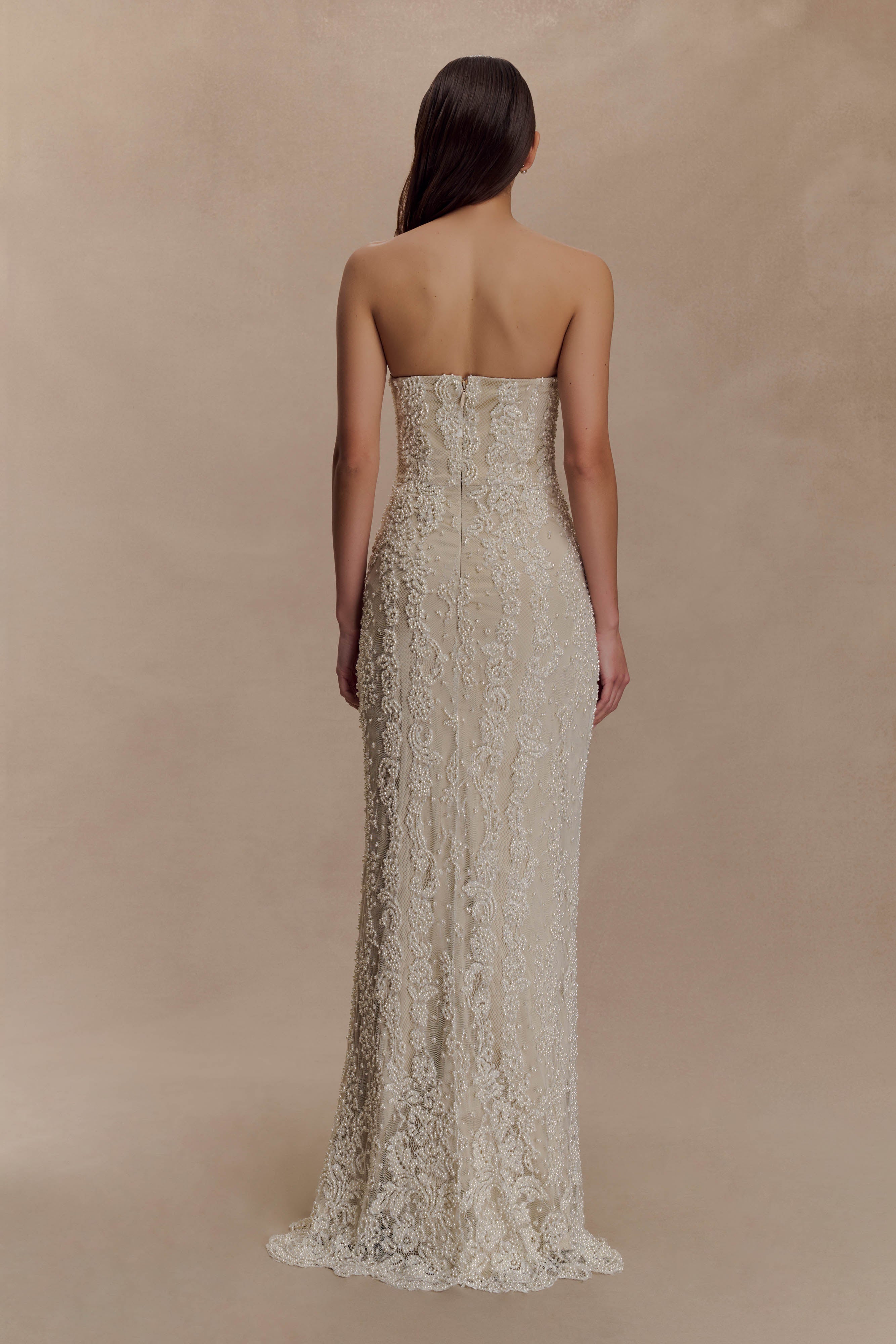 Eva Hand Beaded Pearl & Lace Maxi Dress - White - Image 5