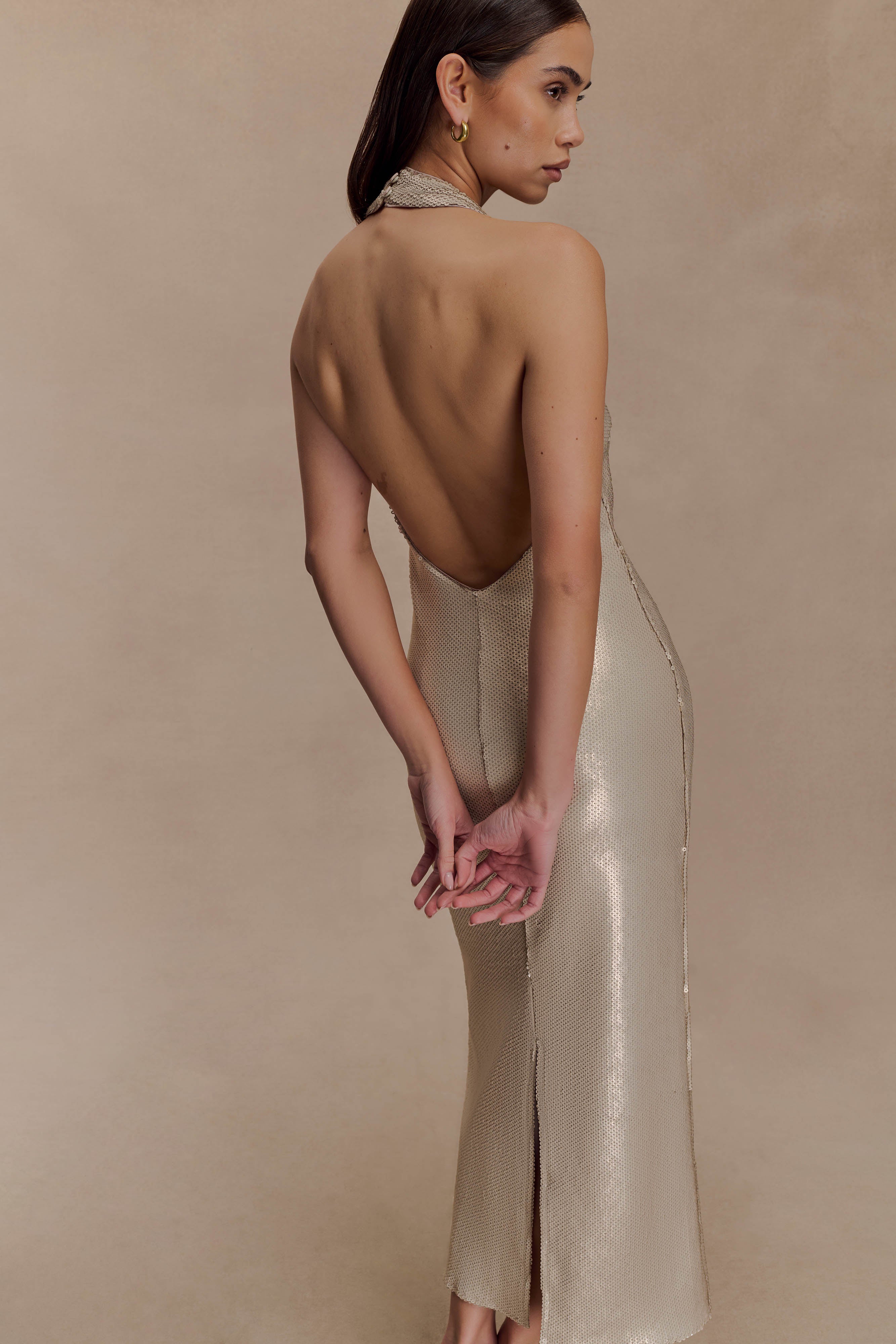 Carnation Sequin Halter Midi Dress - Gold - Image 5