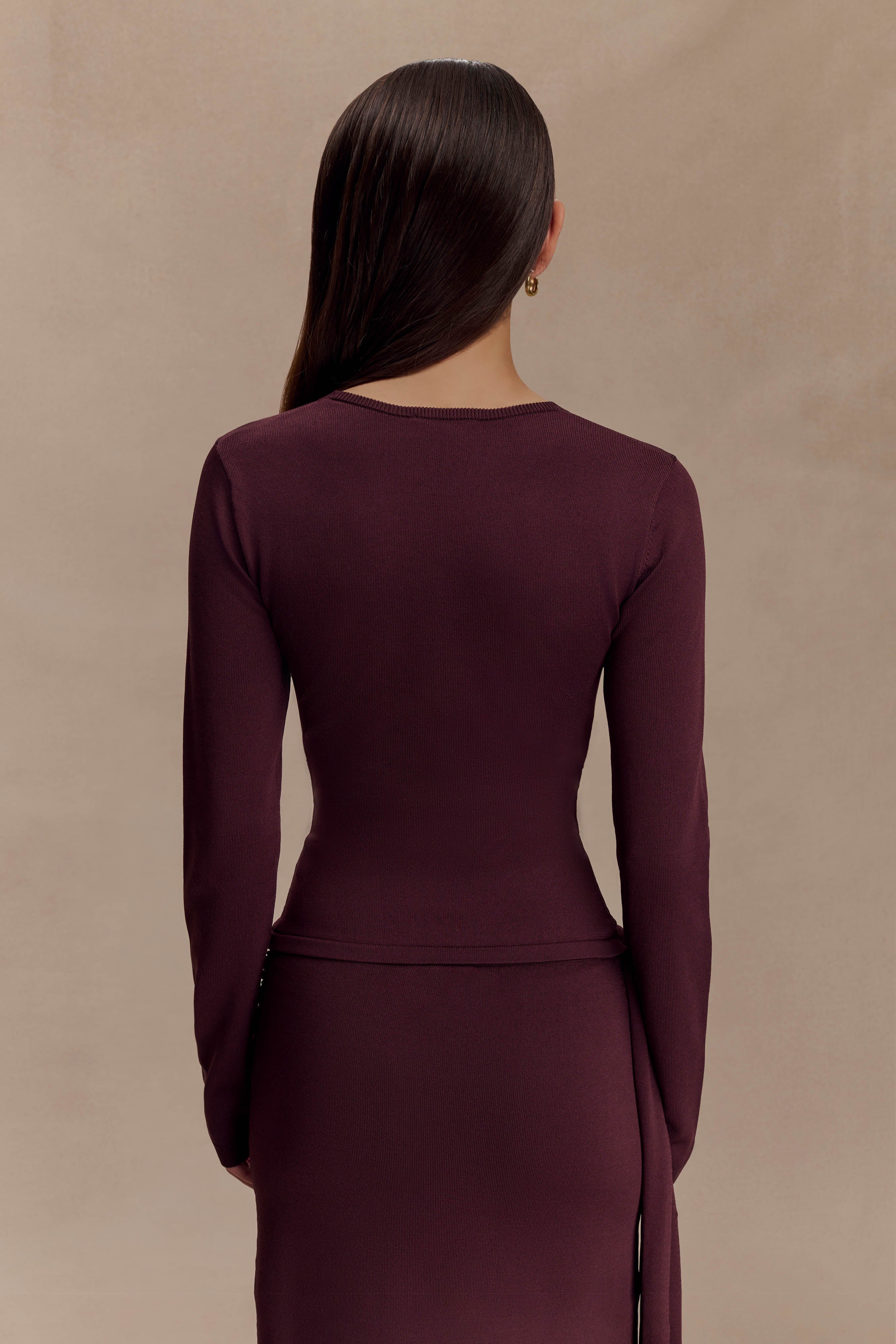 Miraby Front Ruched Knit Long Sleeve Top - Dark Chocolate - Image 3