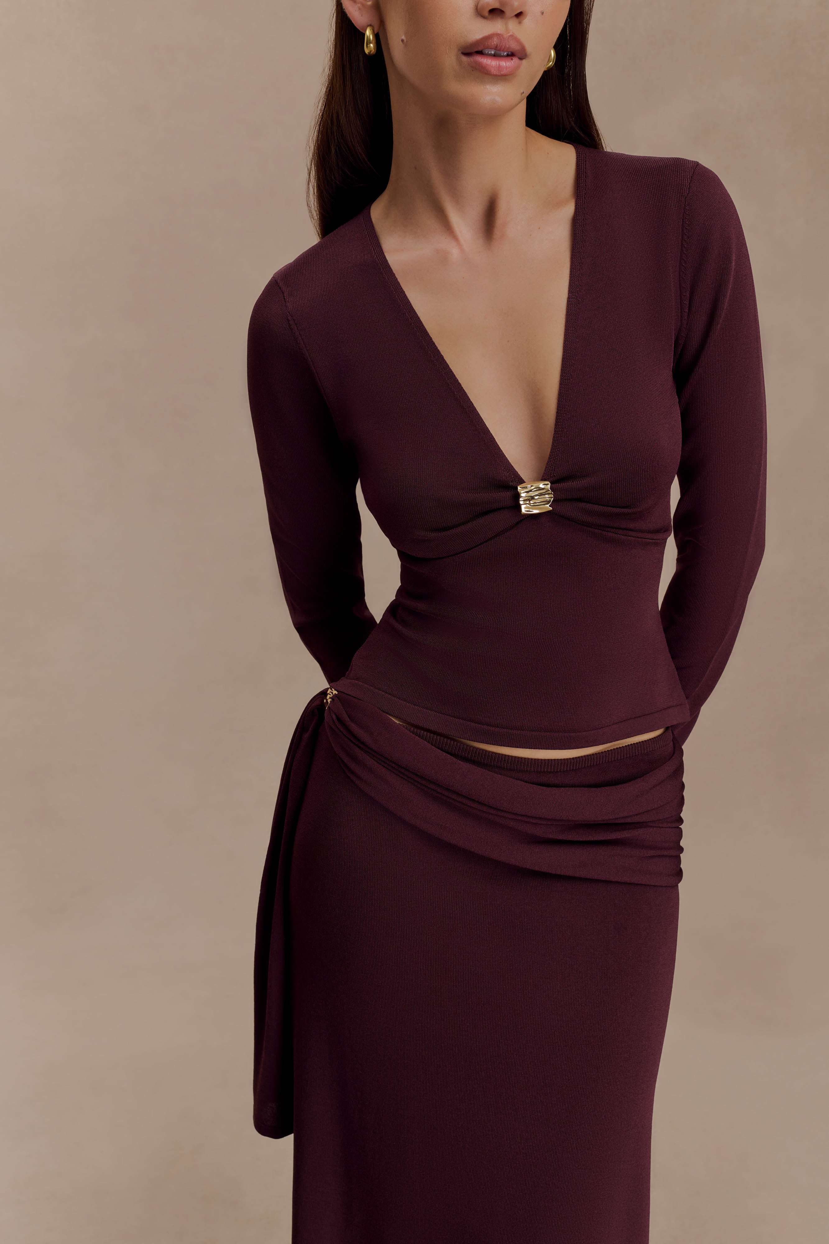 Miraby Front Ruched Knit Long Sleeve Top - Dark Chocolate - Image 4