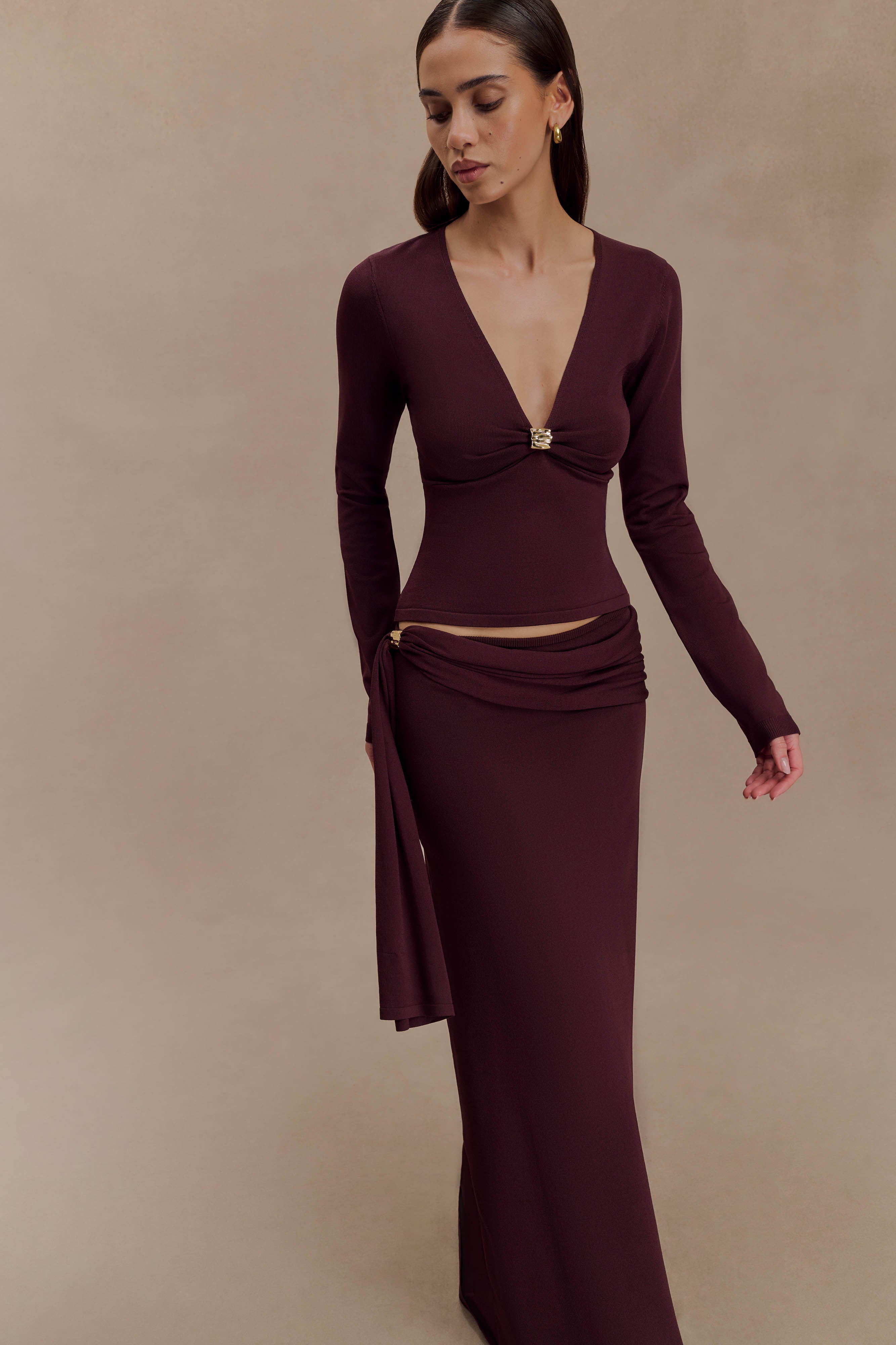 Miraby Front Ruched Knit Long Sleeve Top - Dark Chocolate - Image 5
