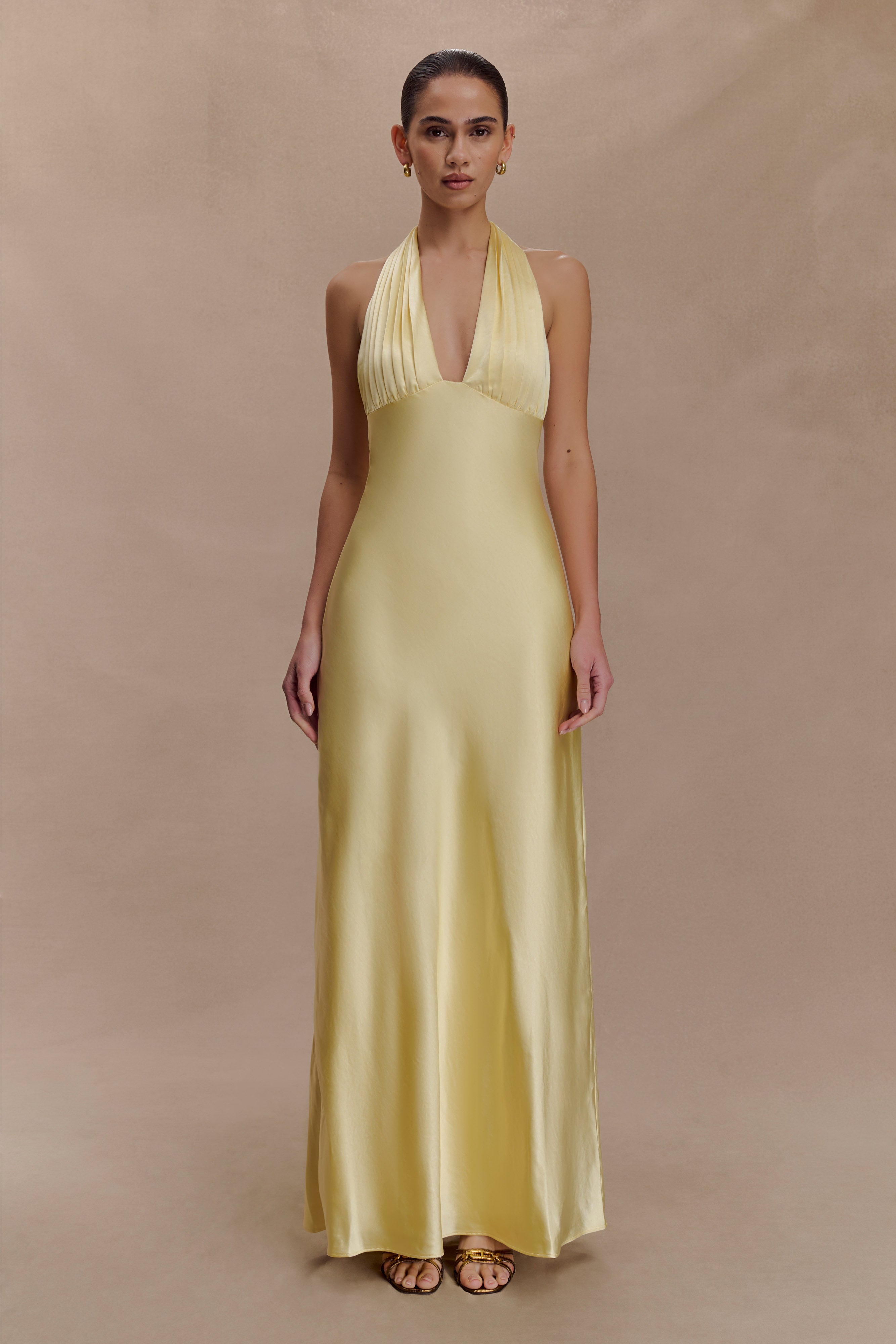 Alice Satin Halter Maxi Dress - Lemon - Image 3