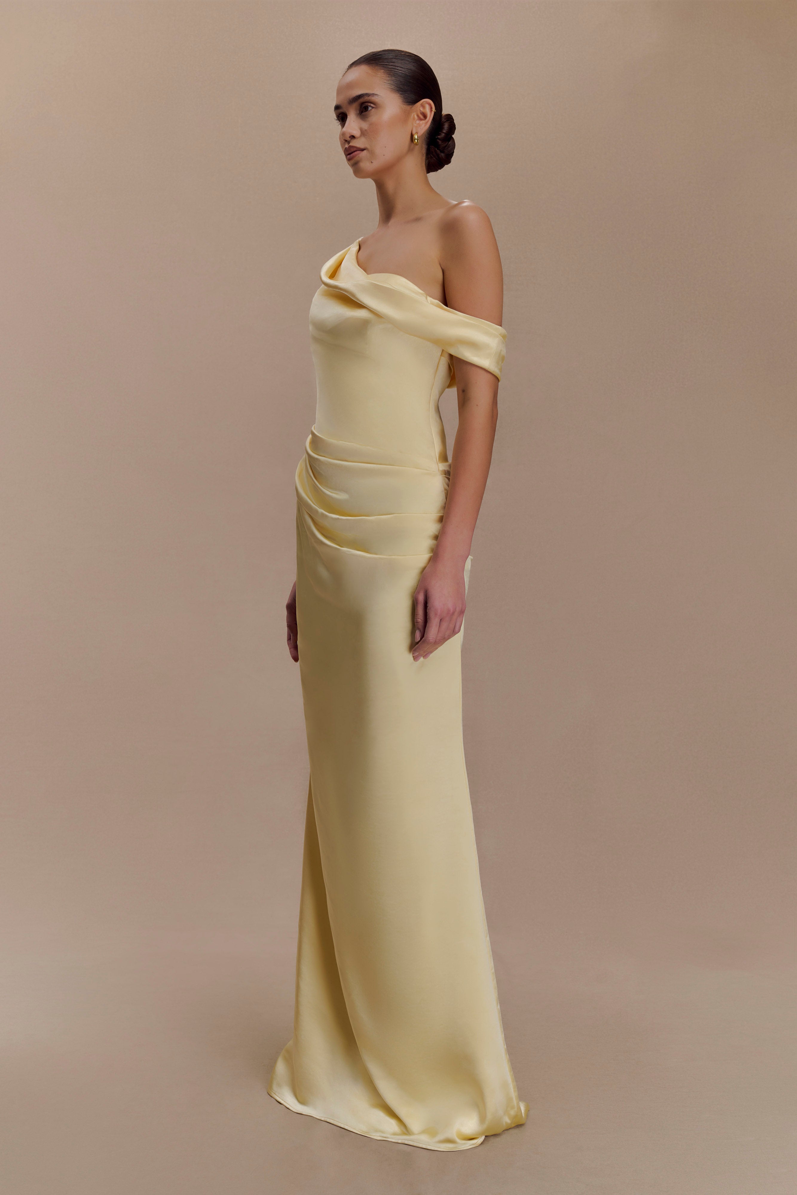 Dalia Off Shoulder Satin Maxi Dress - Lemon - Image 4
