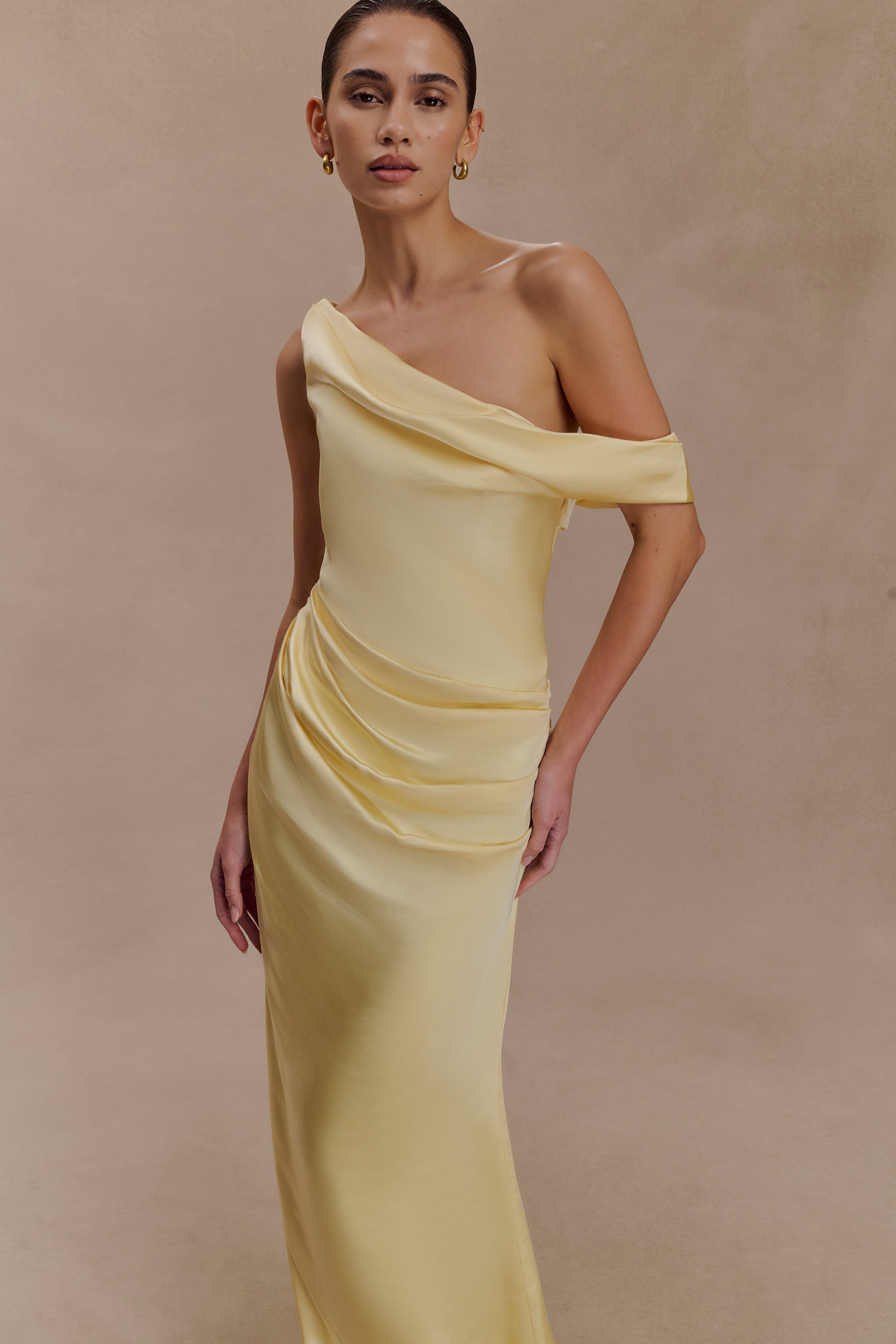 Dalia Off Shoulder Satin Maxi Dress - Lemon - Image 3