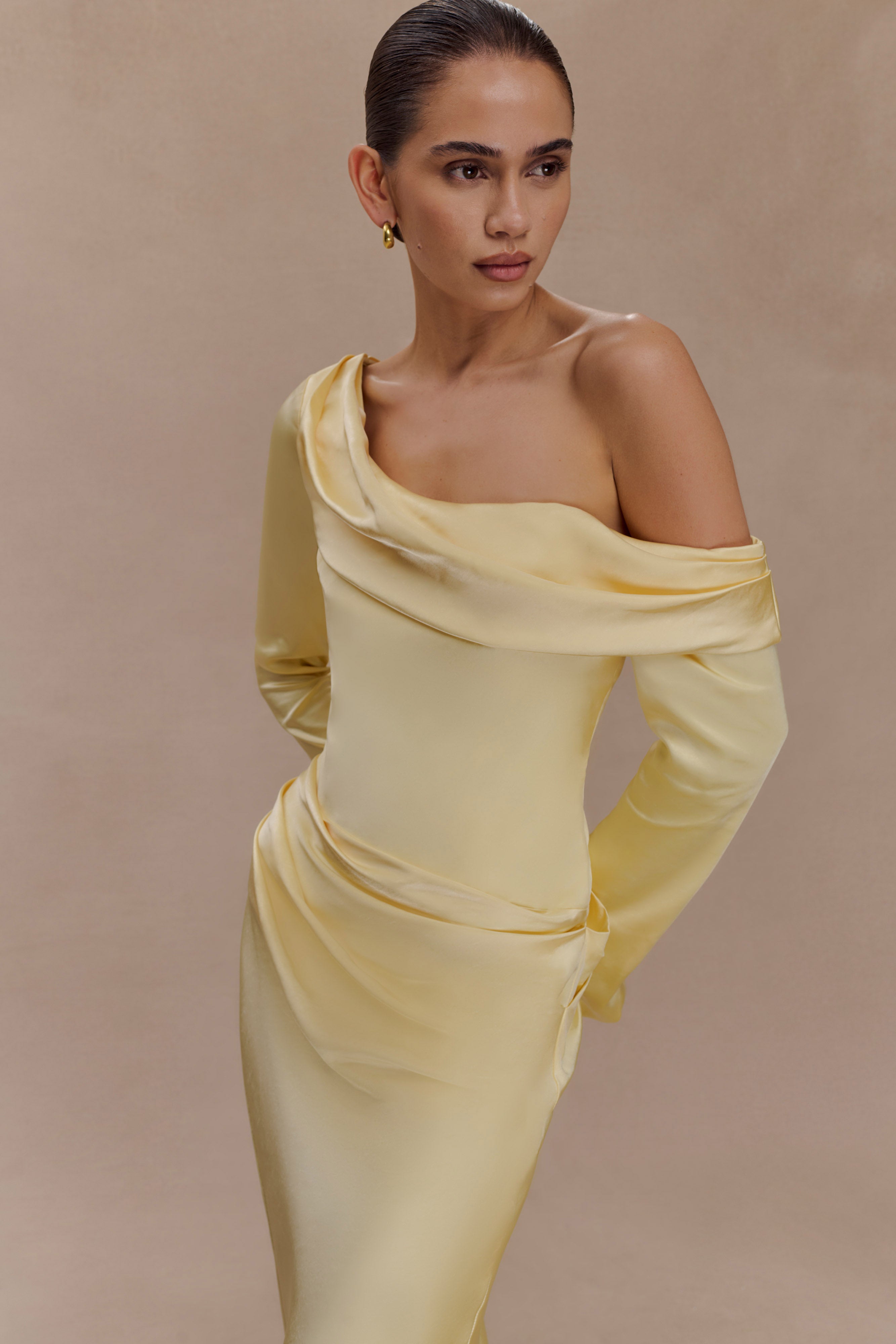 Iris Long Sleeve Satin Maxi Dress - Lemon - Image 3
