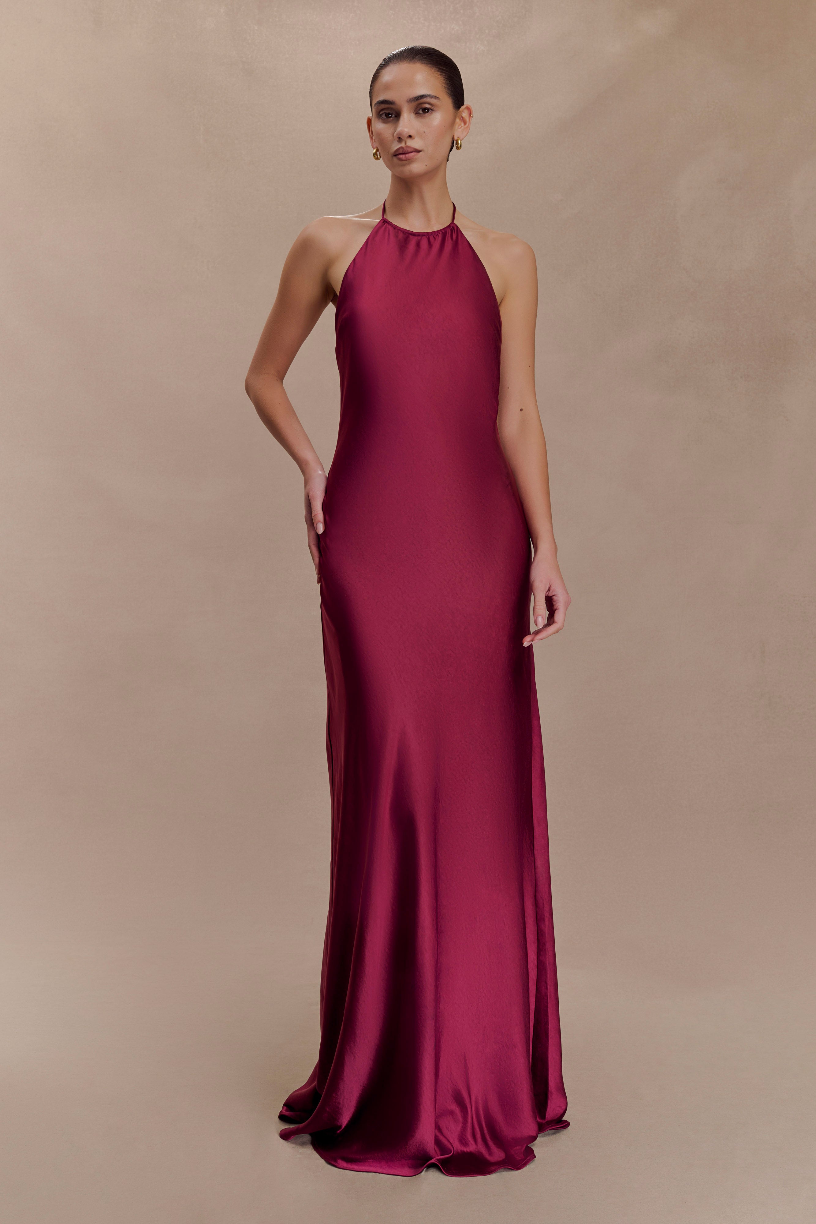Bella Satin Halter Maxi Dress - Mahogany - Image 3