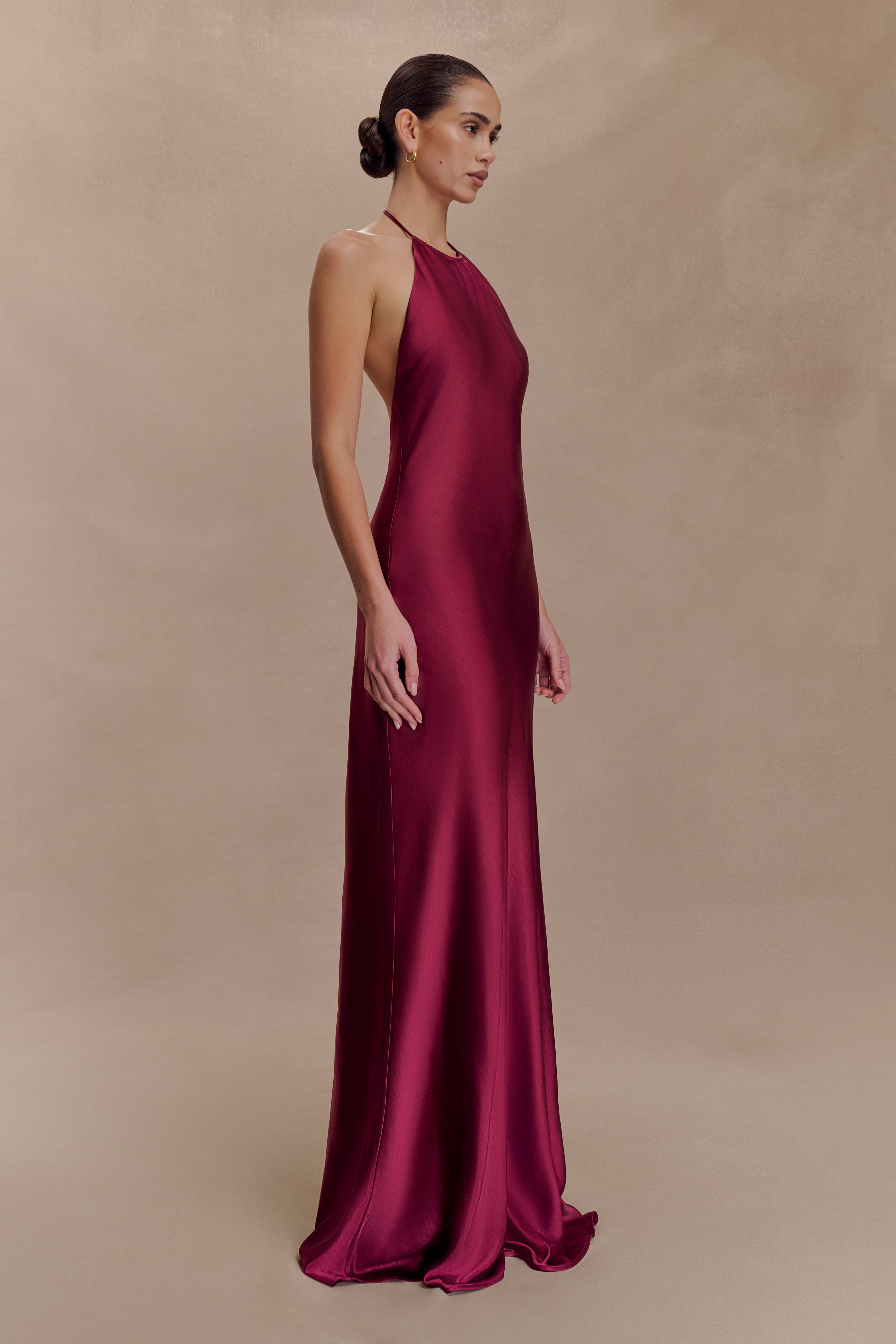 Bella Satin Halter Maxi Dress - Mahogany - Image 4