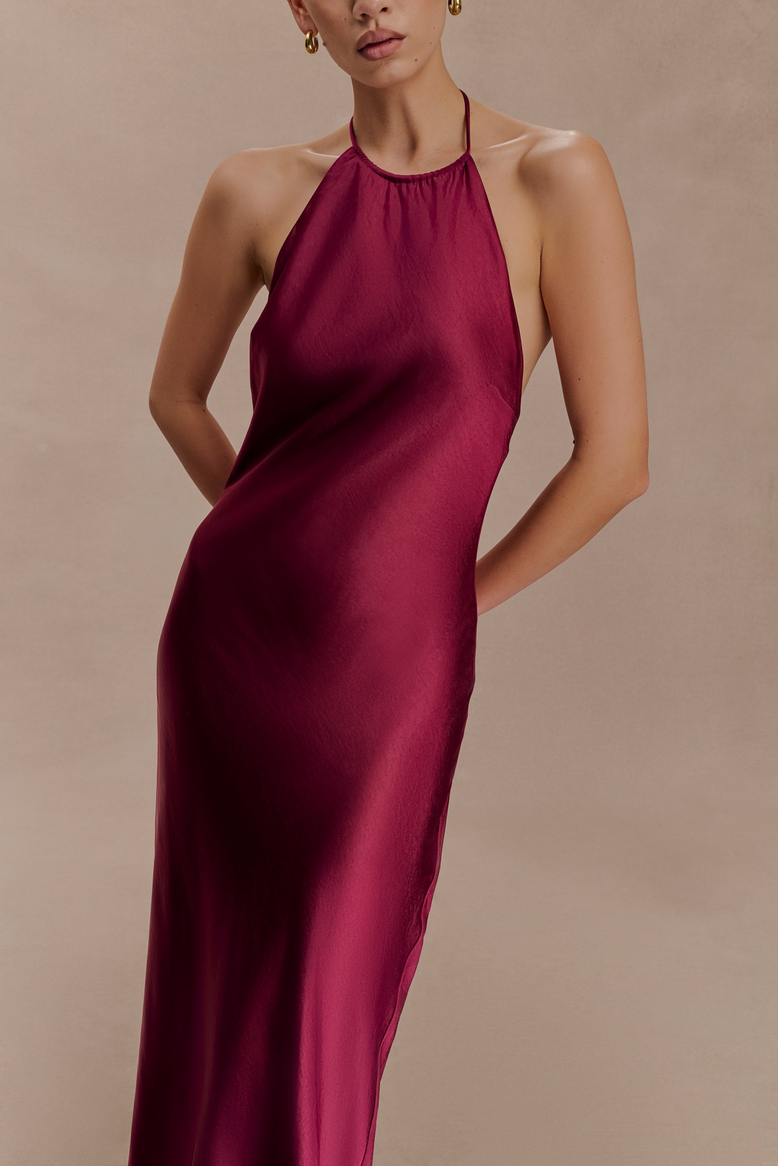 Bella Satin Halter Maxi Dress - Mahogany - Image 6
