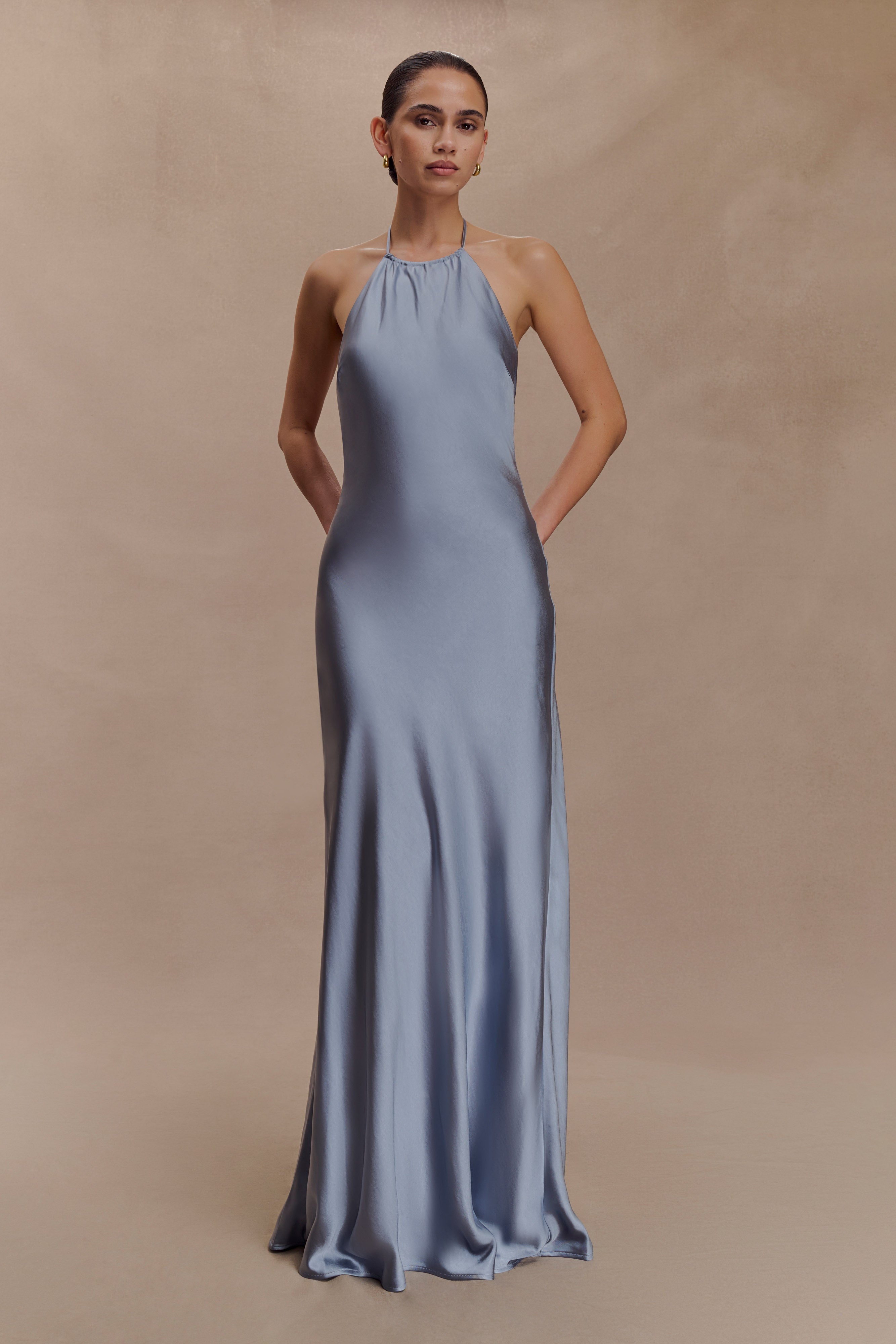 Alternative view of Bella Satin Halter Maxi Dress - Frosted Blue