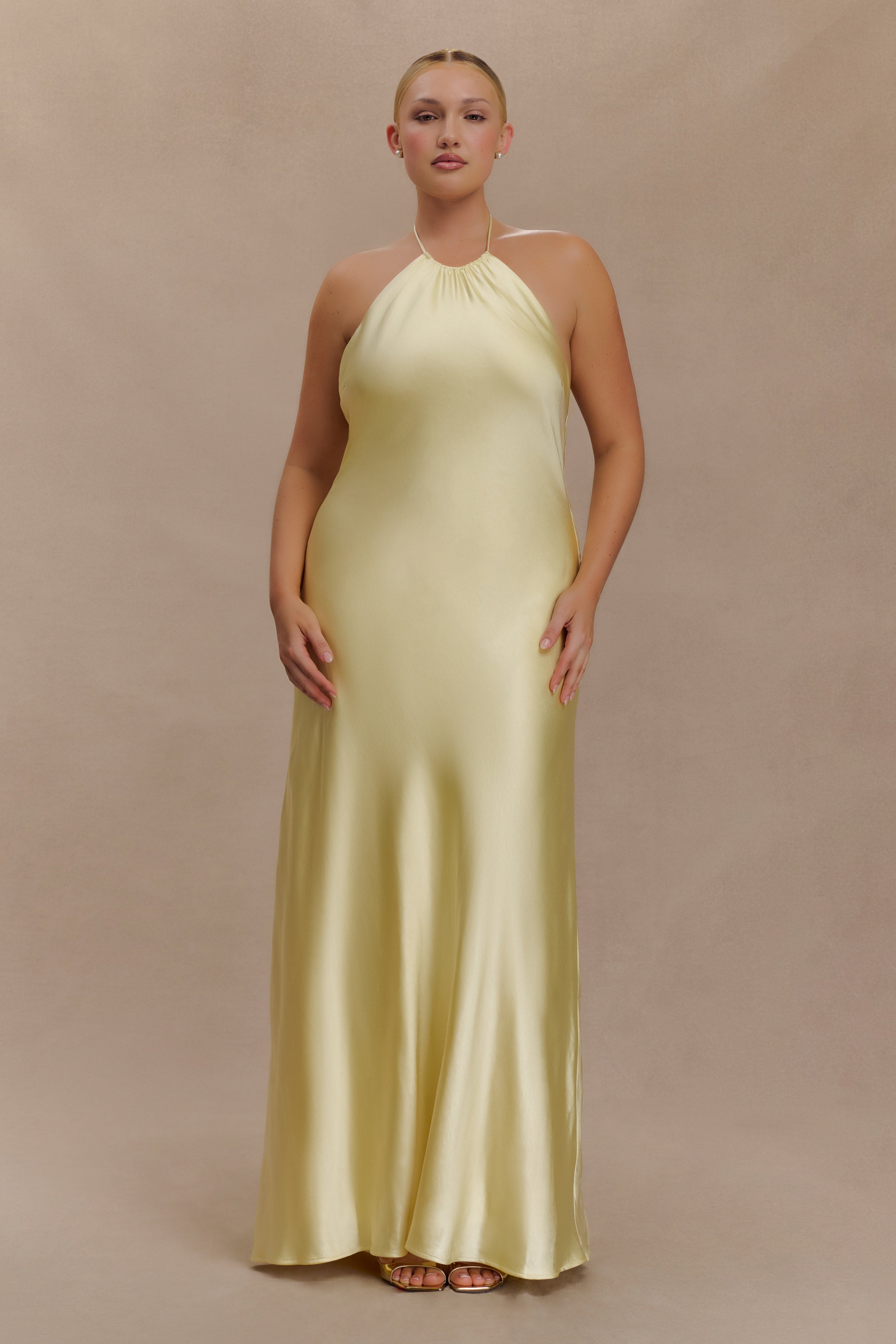 Alternative view of Bella Satin Halter Maxi Dress - Lemon