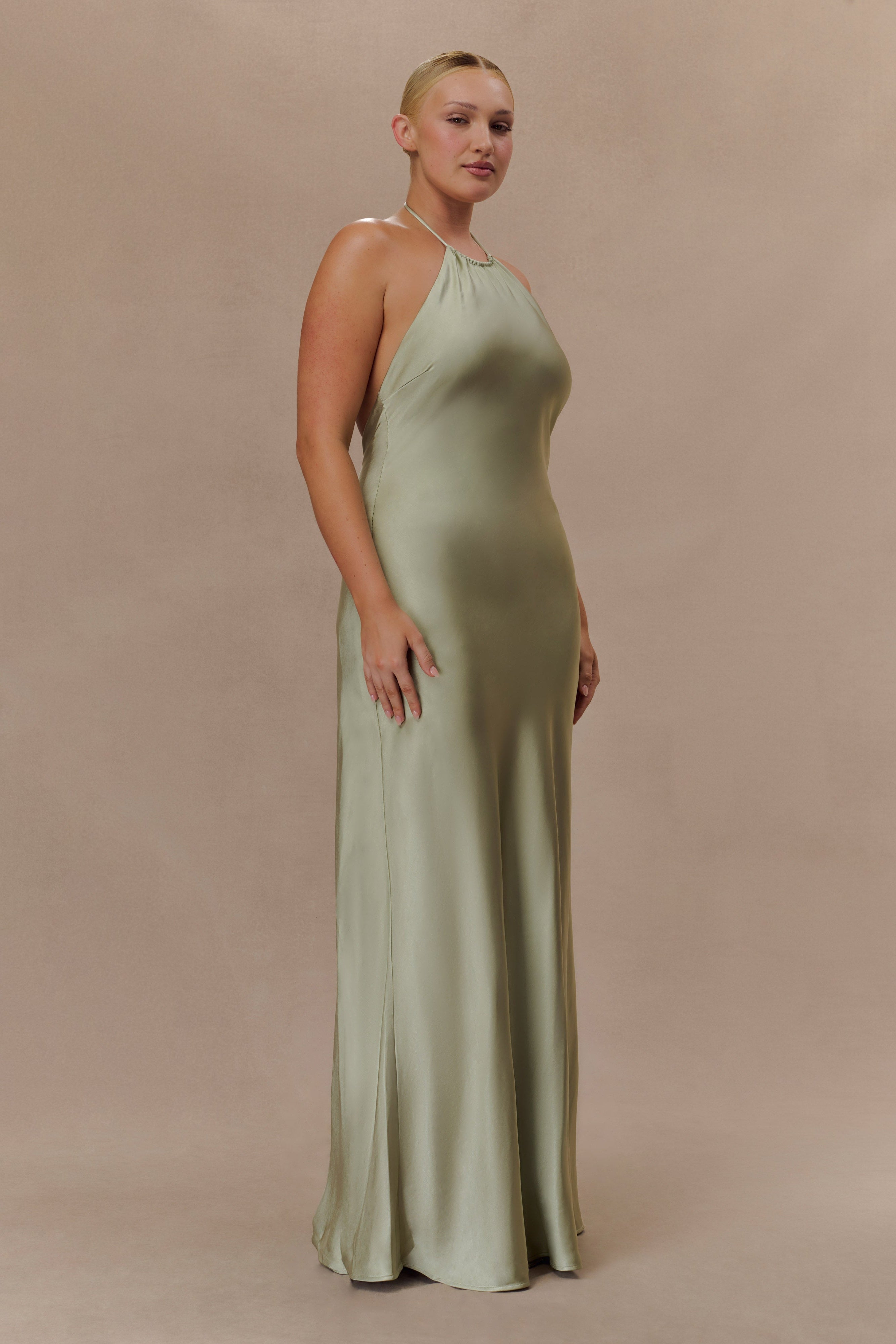 Bella Satin Halter Maxi Dress - Sage - Image 5