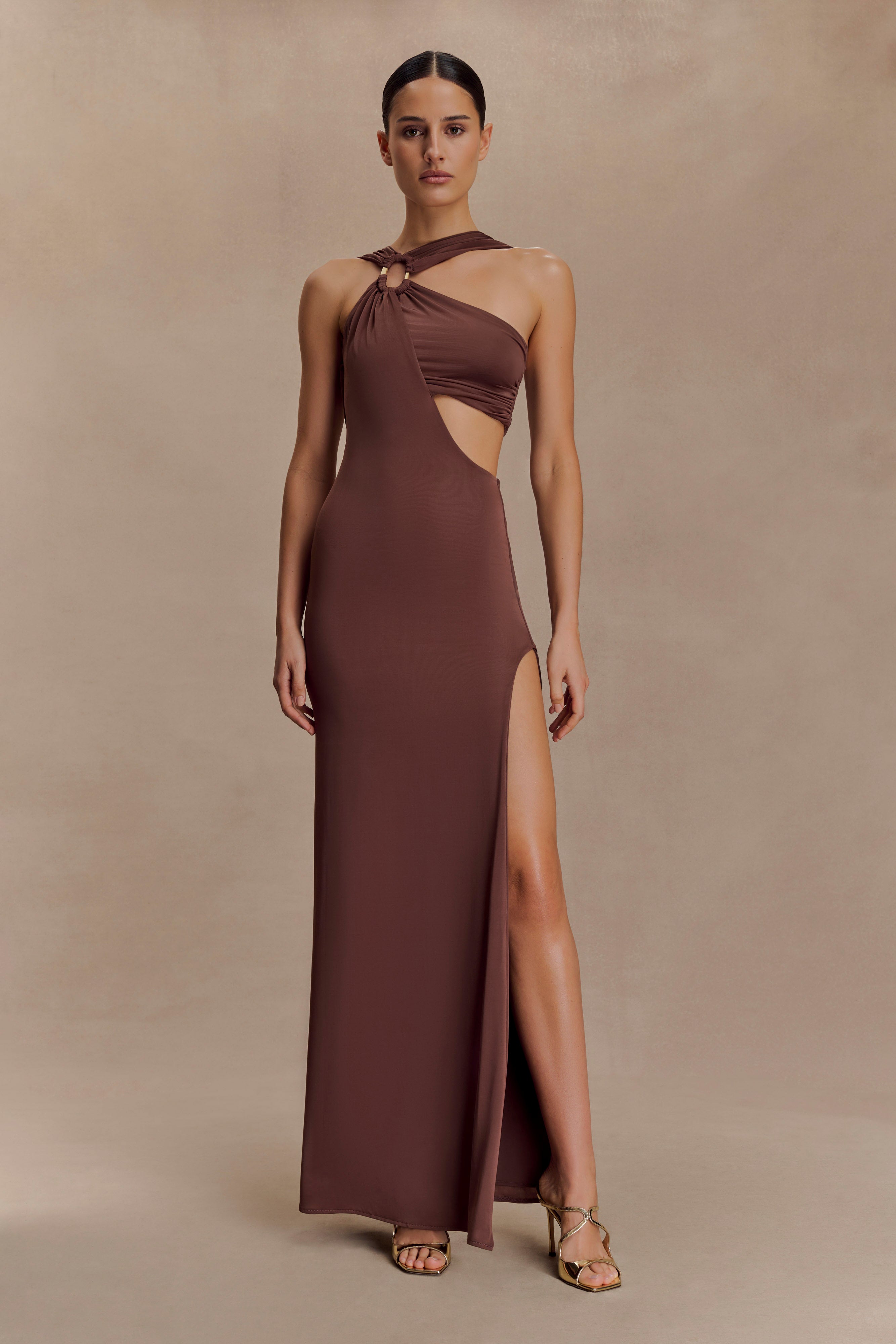 Lottie Slinky Maxi Dress With Split - Chocolate - Image 6