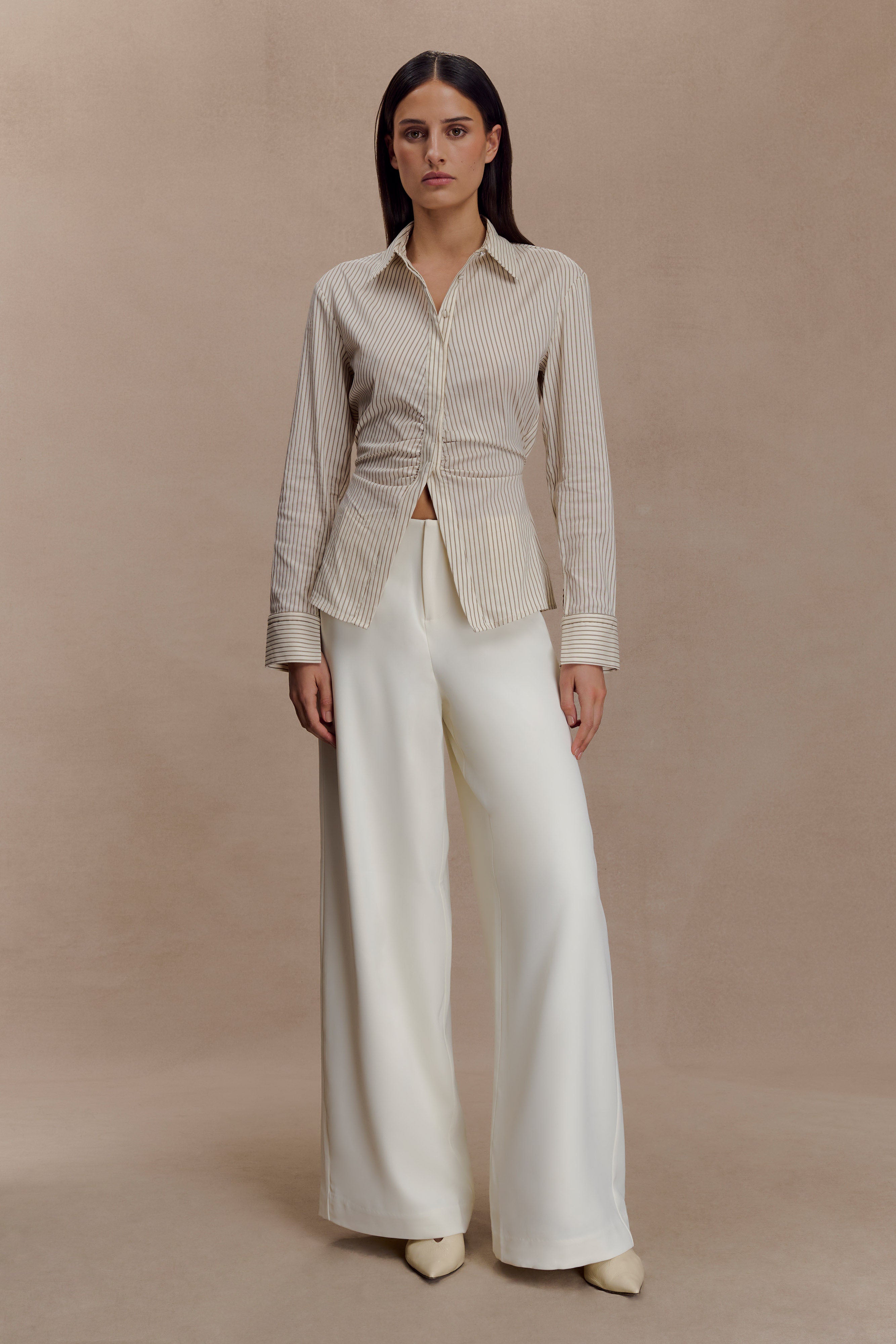 Millie Tie Back Cotton Shirt - Beige Pinstripe - Image 7