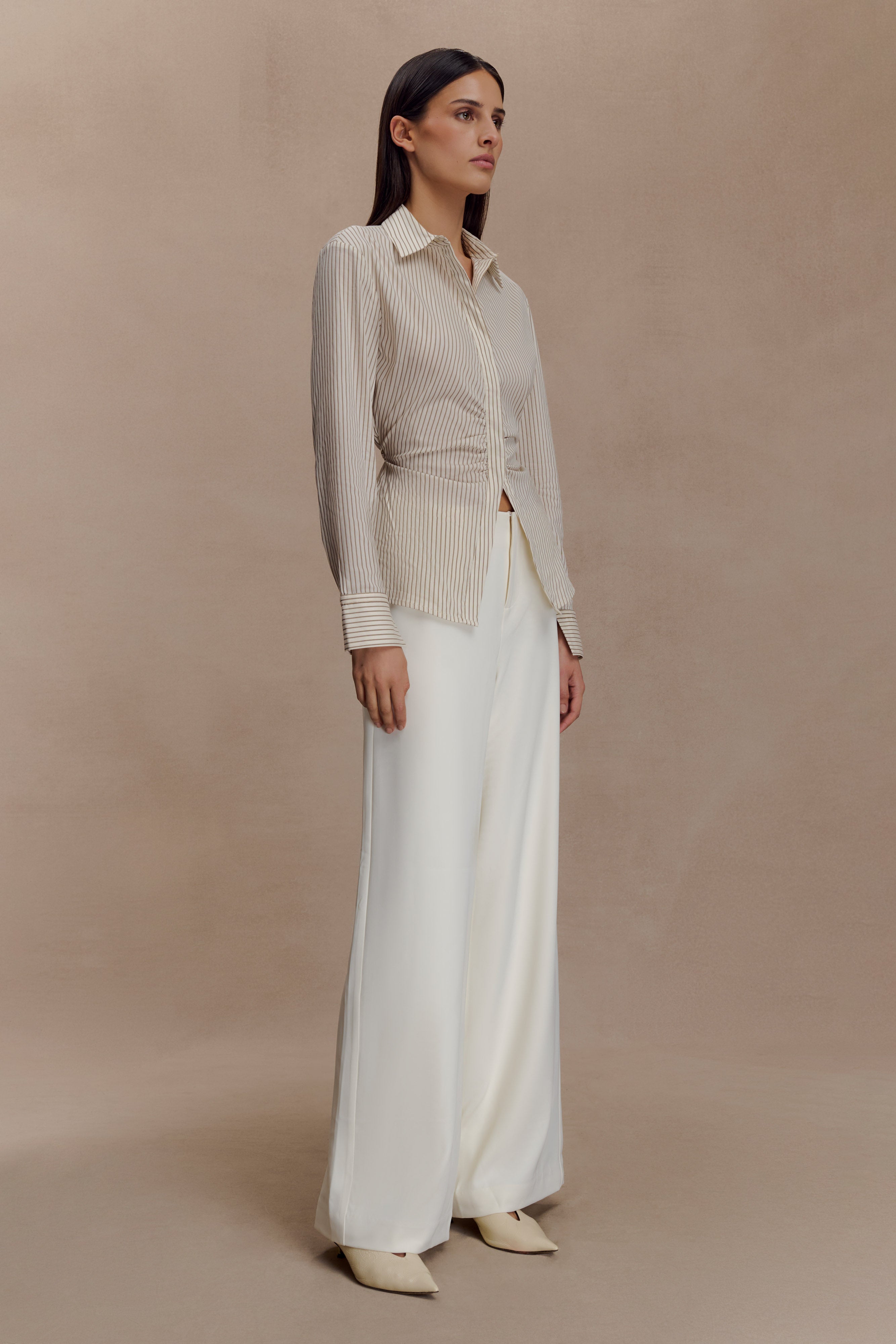 Millie Tie Back Cotton Shirt - Beige Pinstripe - Image 6