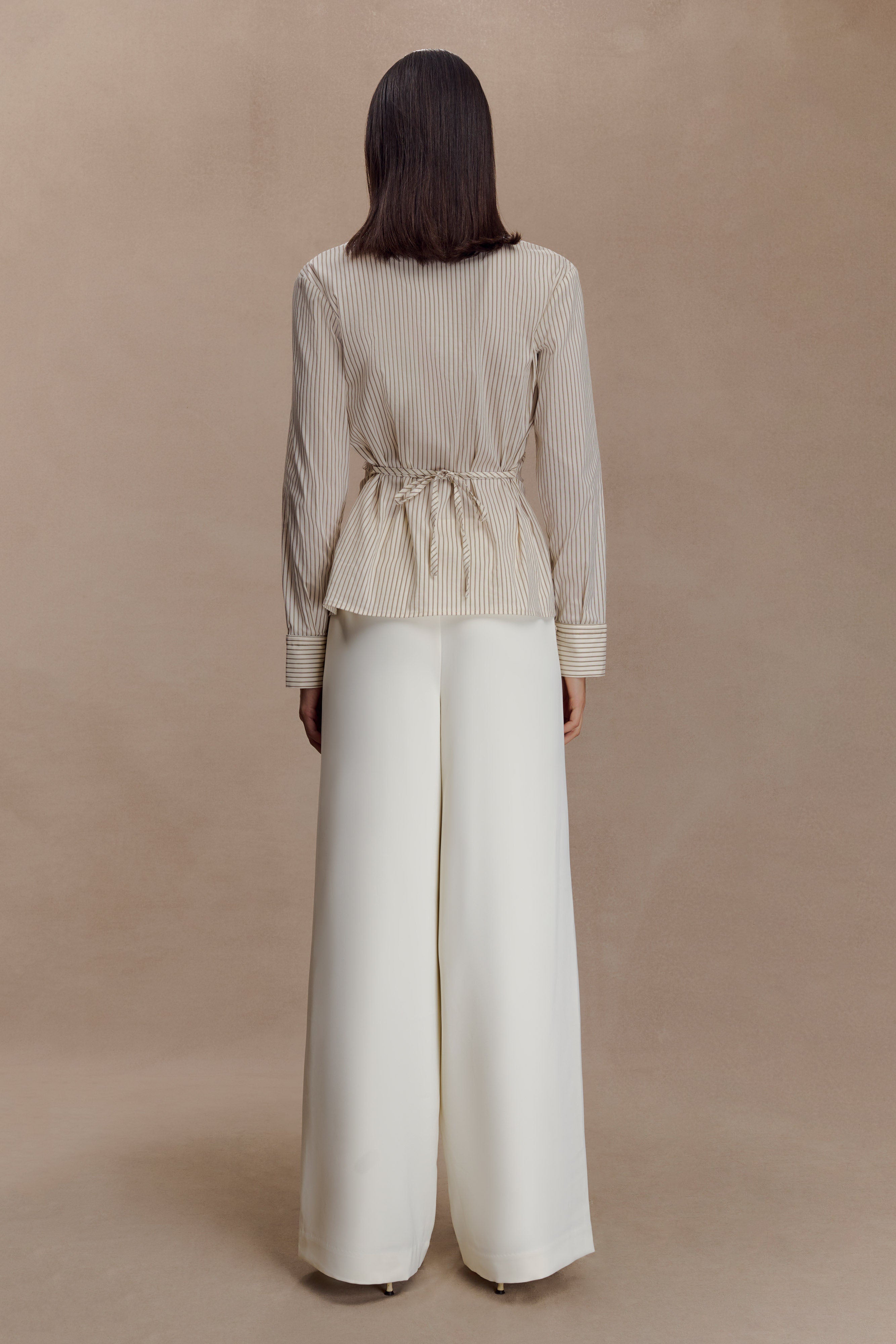 Millie Tie Back Cotton Shirt - Beige Pinstripe - Image 5
