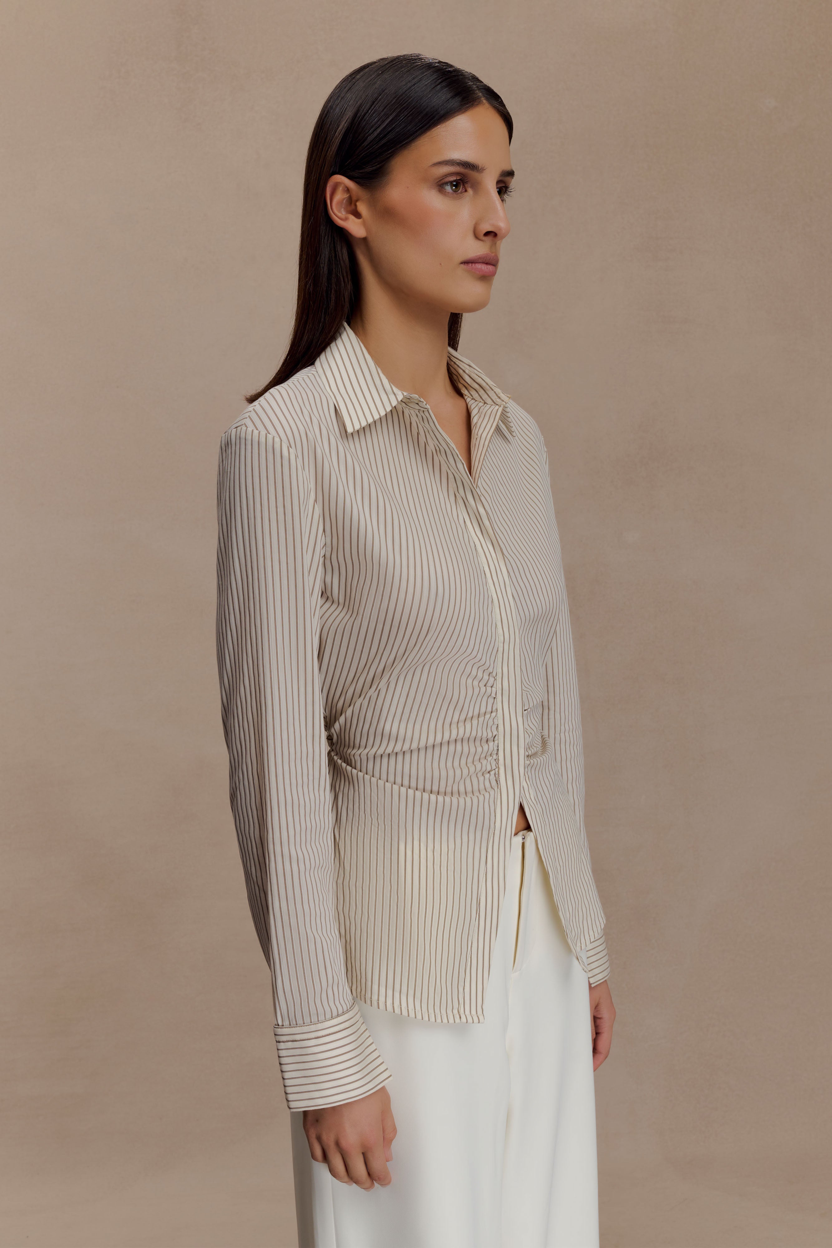 Millie Tie Back Cotton Shirt - Beige Pinstripe - Image 4