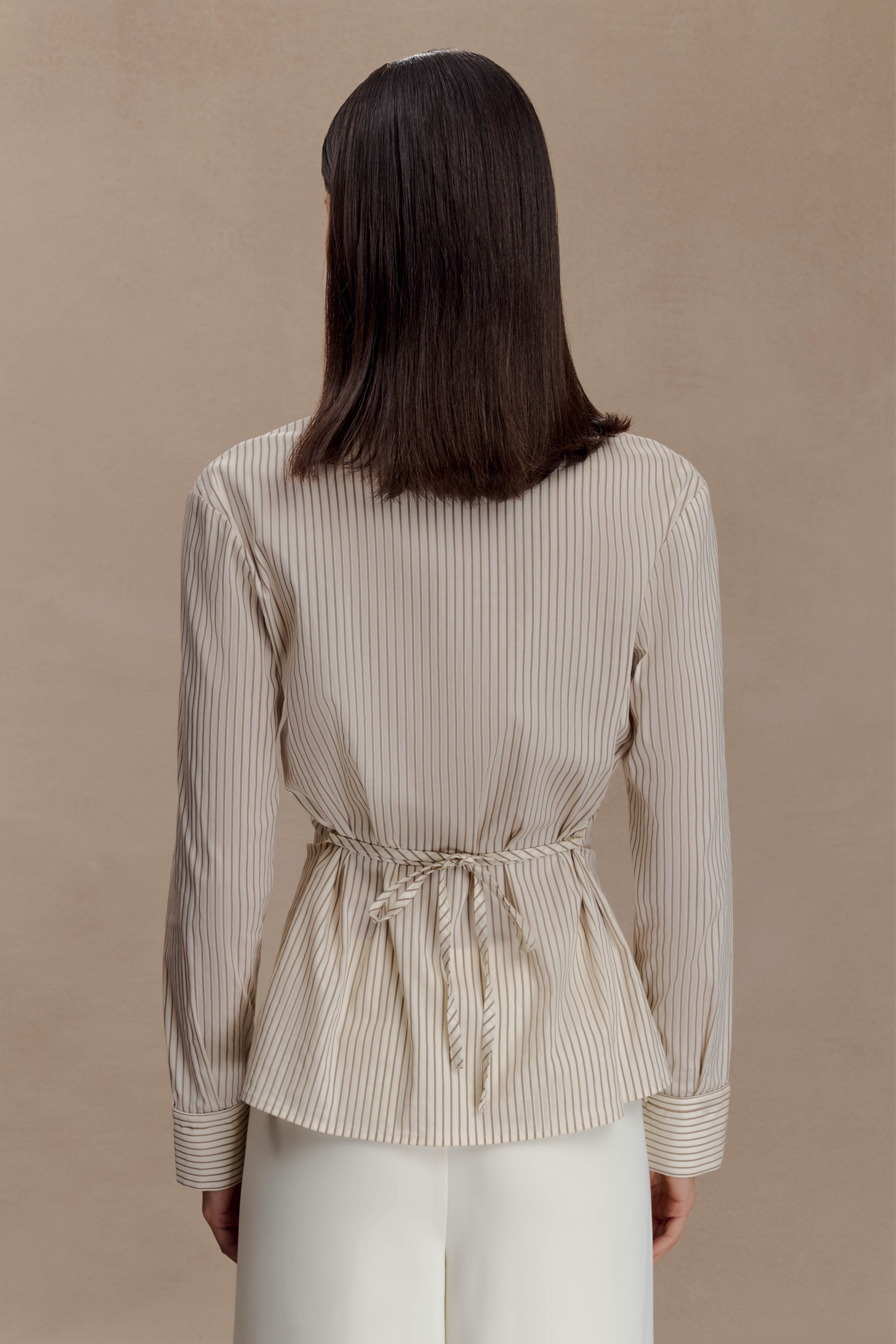 Alternative view of Millie Tie Back Cotton Shirt - Beige Pinstripe
