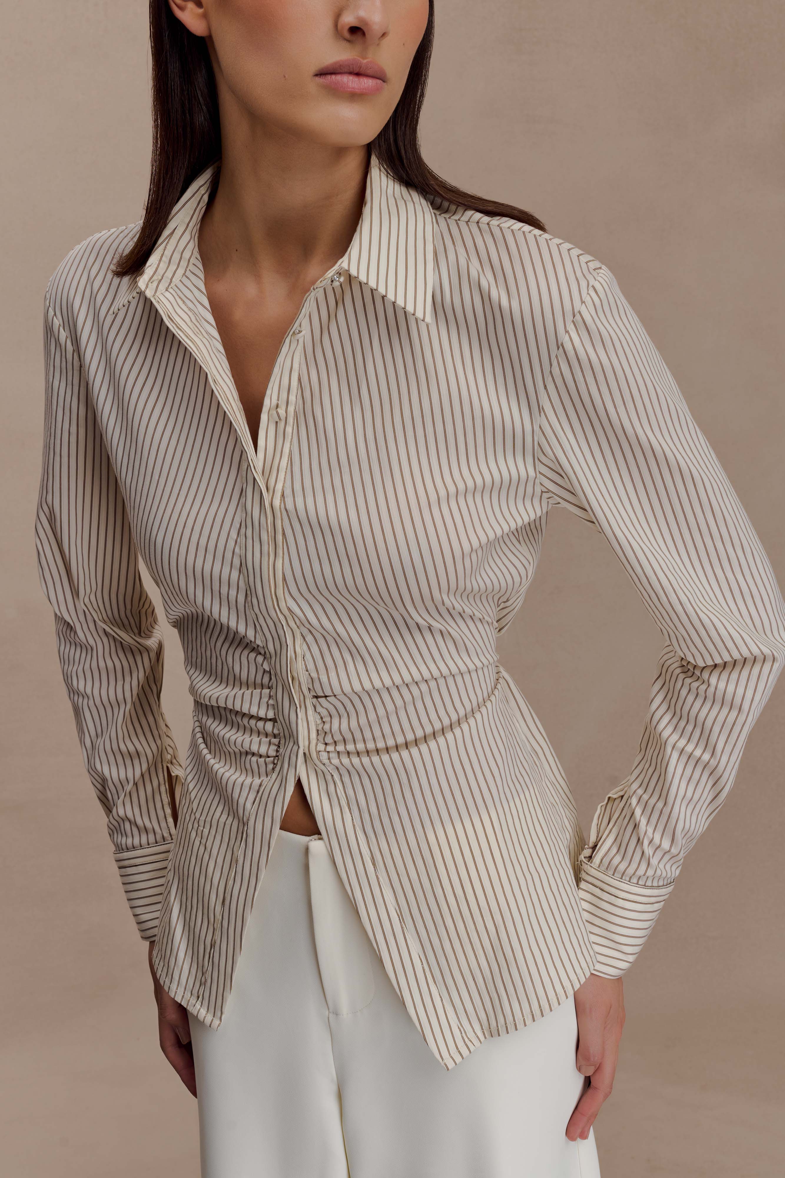 Millie Tie Back Cotton Shirt - Beige Pinstripe - Image 3