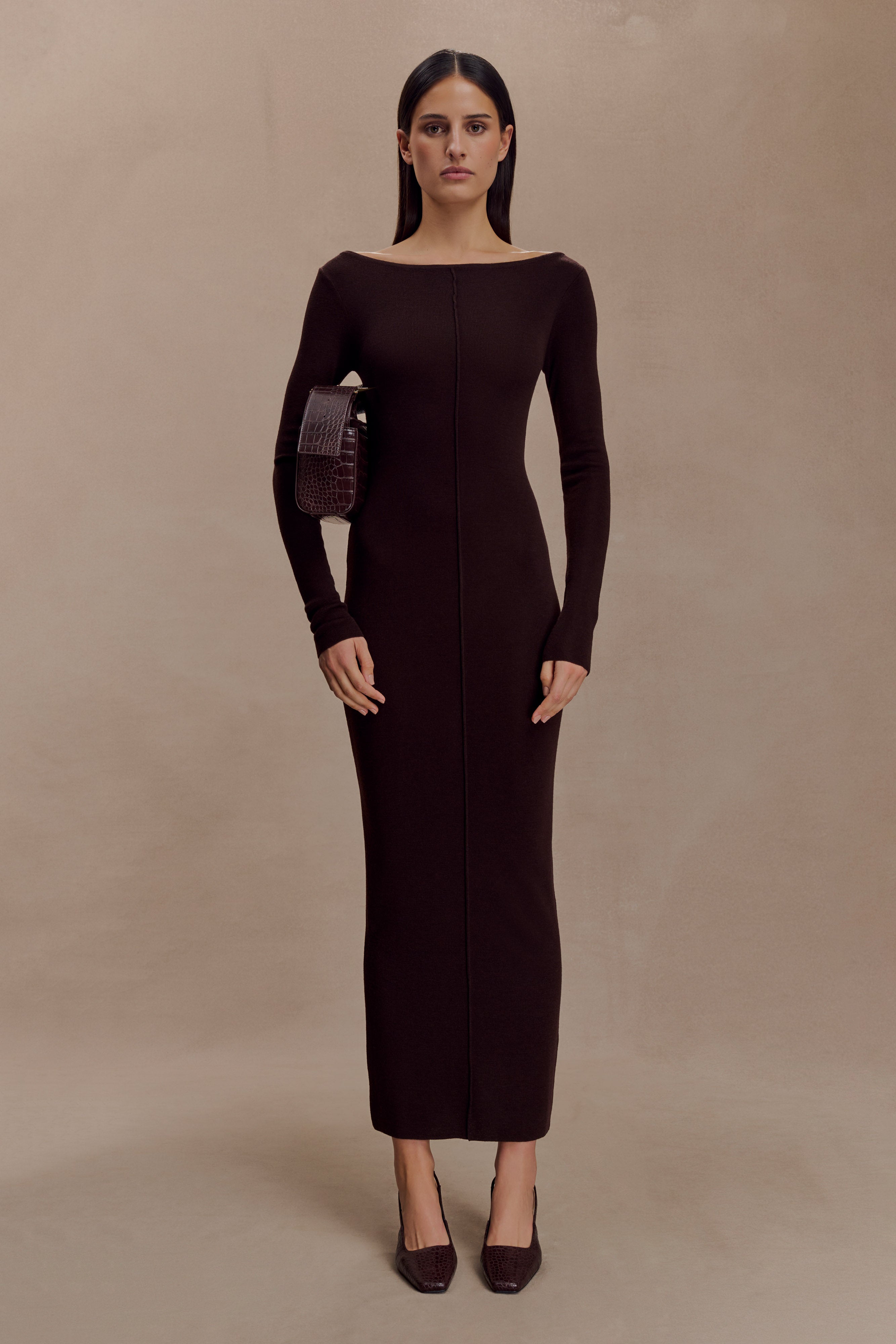Alternative view of Cleona Merino Wool Ribbed Long Sleeve Maxi Dress - Deep Chocolate