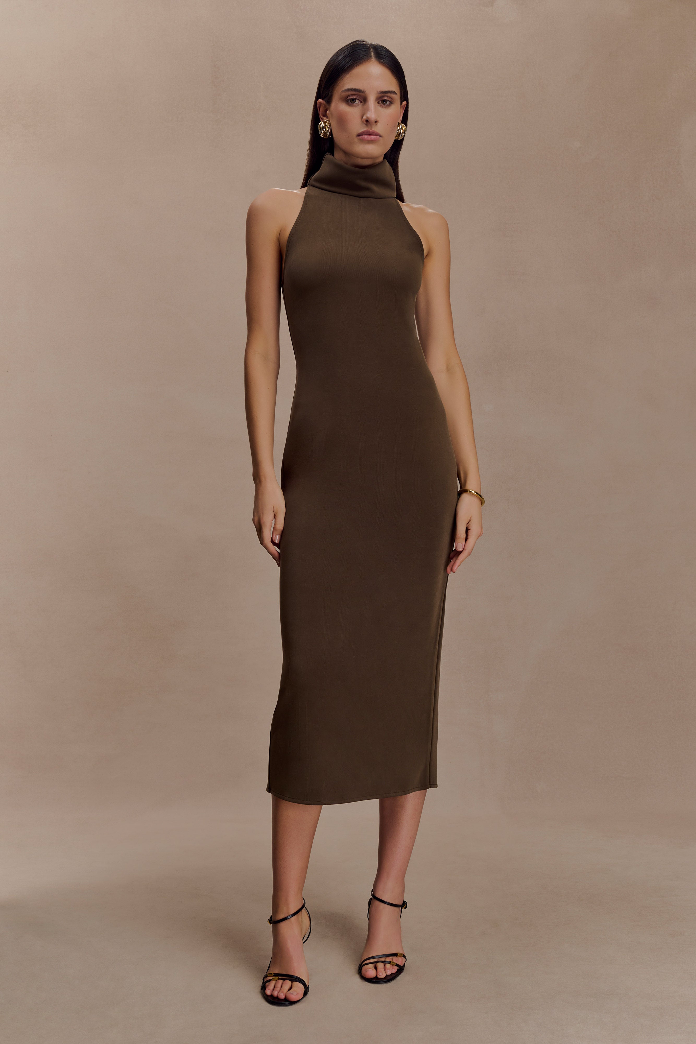 Kennedy High Neck Midi Dress - Chocolate - Image 6