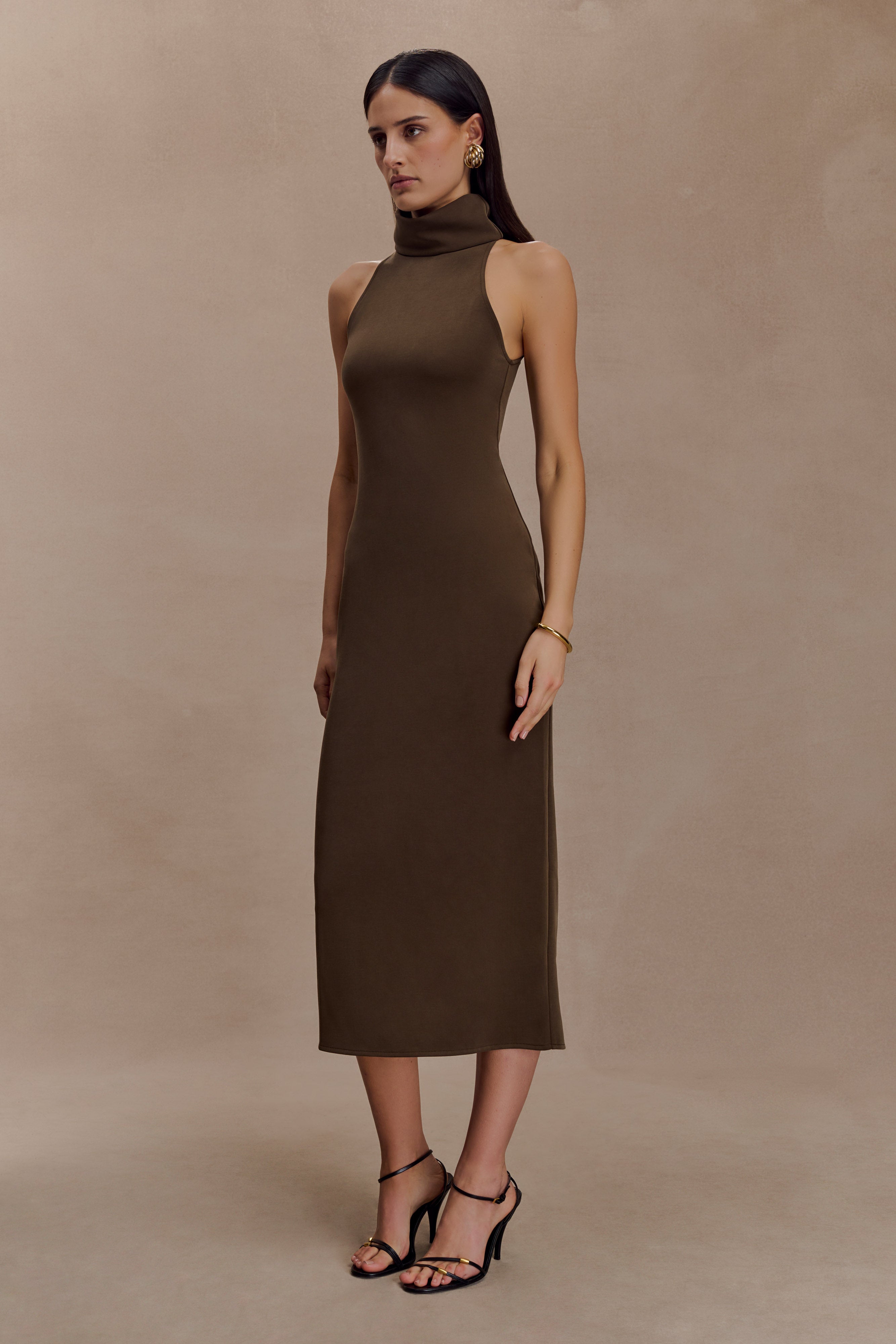 Kennedy High Neck Midi Dress - Chocolate - Image 5